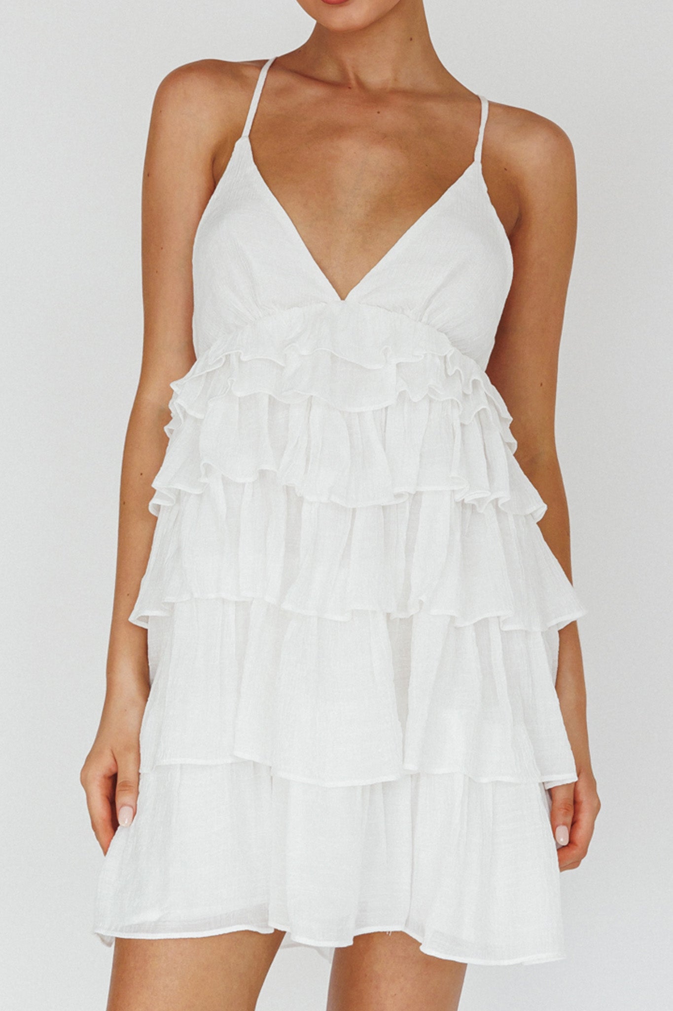Dellia Tiered Ruffle Mini Dress Off White by Selfie Leslie
