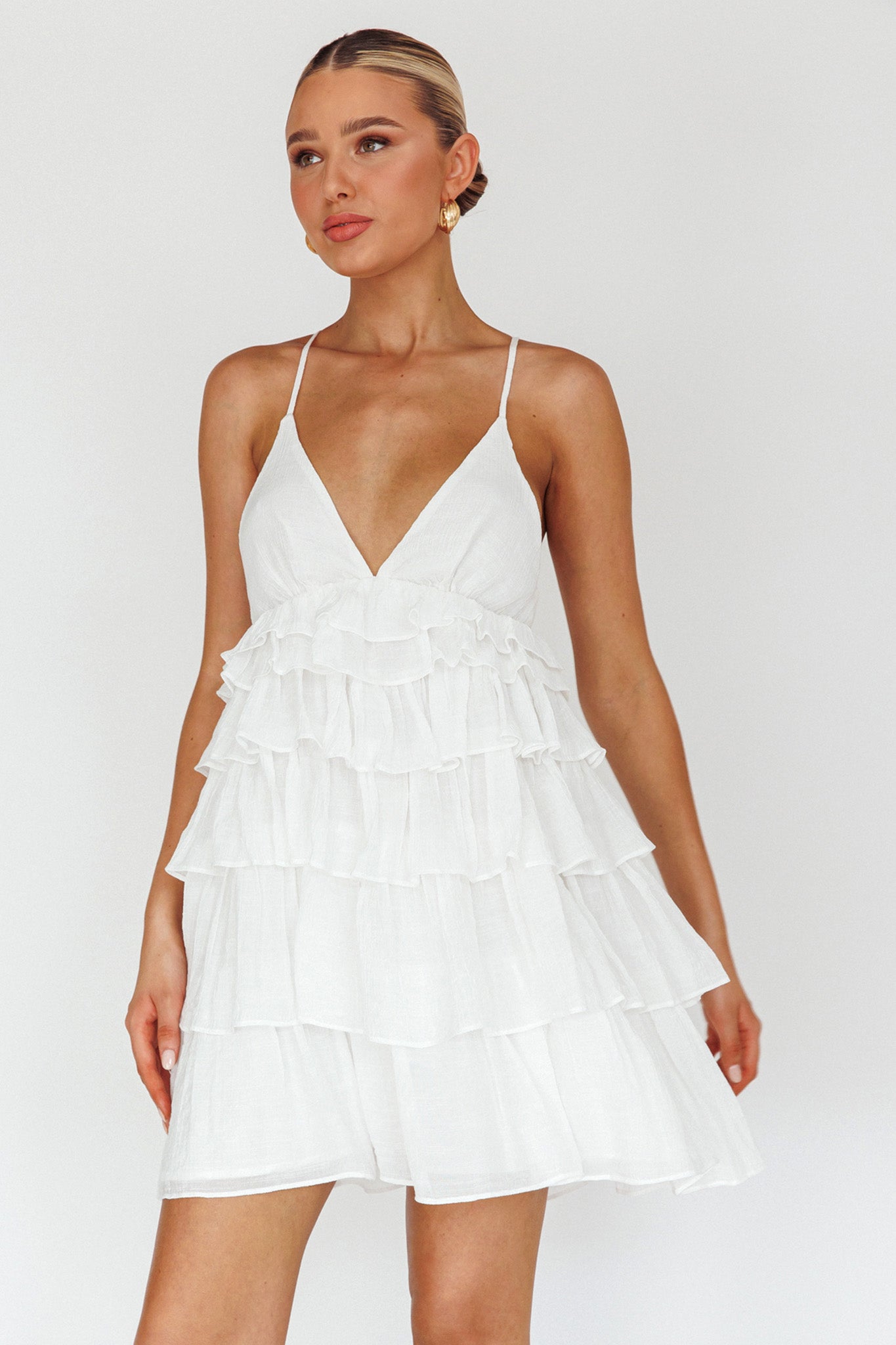 Dellia Tiered Ruffle Mini Dress Off White by Selfie Leslie
