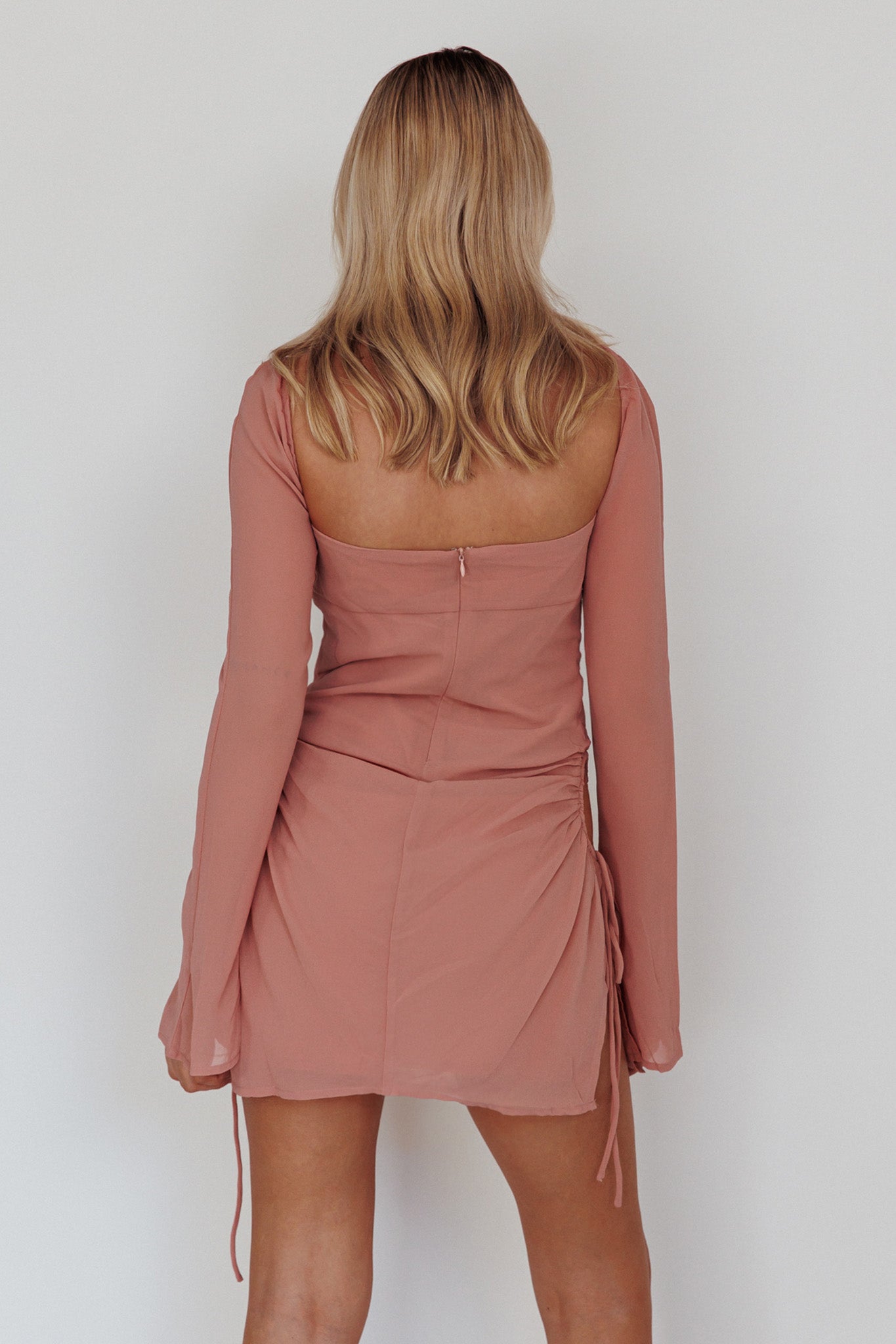 Etta Drawstring Long Sleeve Mini Dress Blush by Selfie Leslie