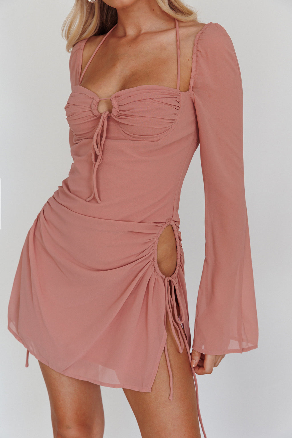 Etta Drawstring Long Sleeve Mini Dress Blush by Selfie Leslie