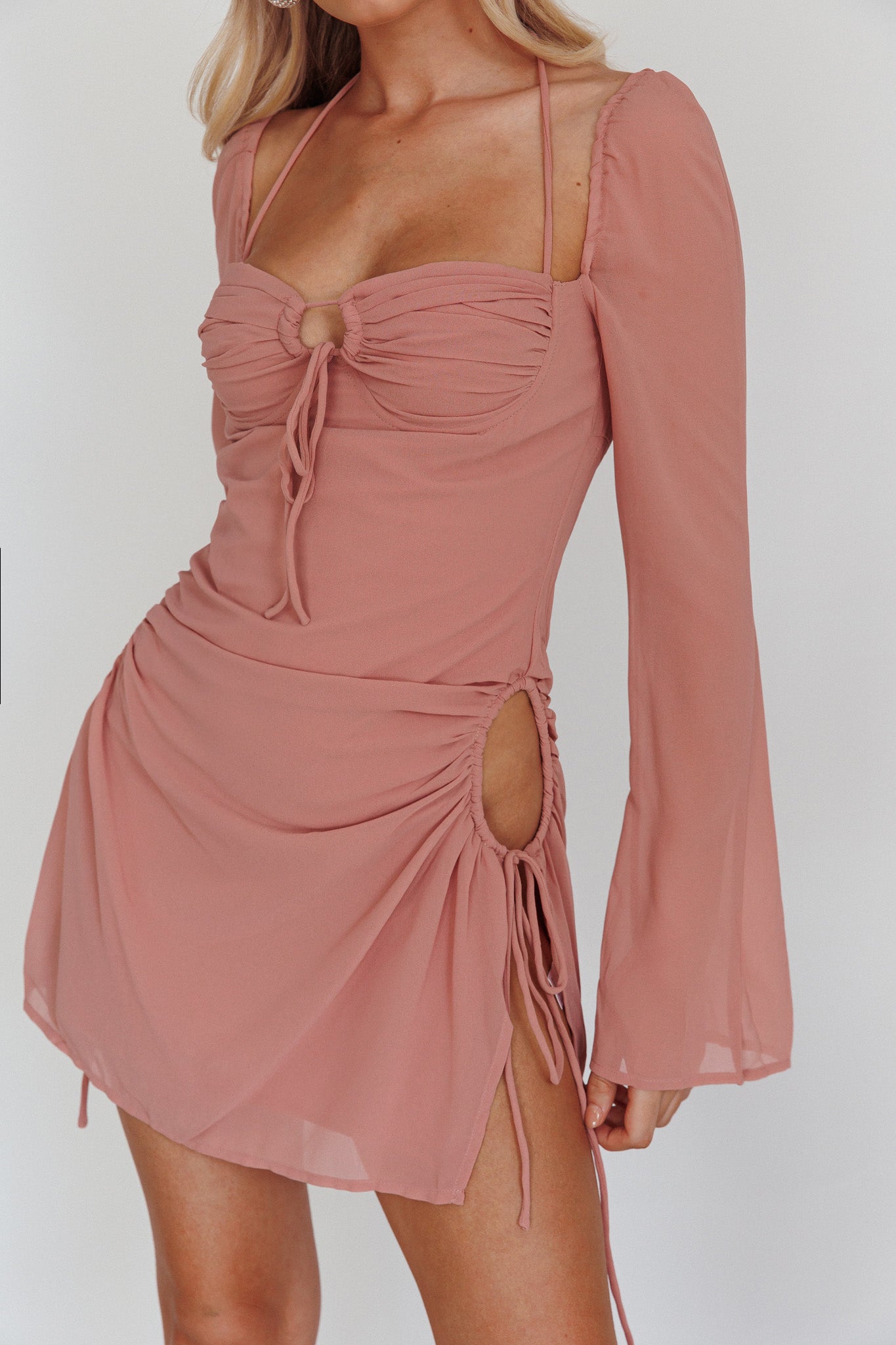 Etta Drawstring Long Sleeve Mini Dress Blush by Selfie Leslie