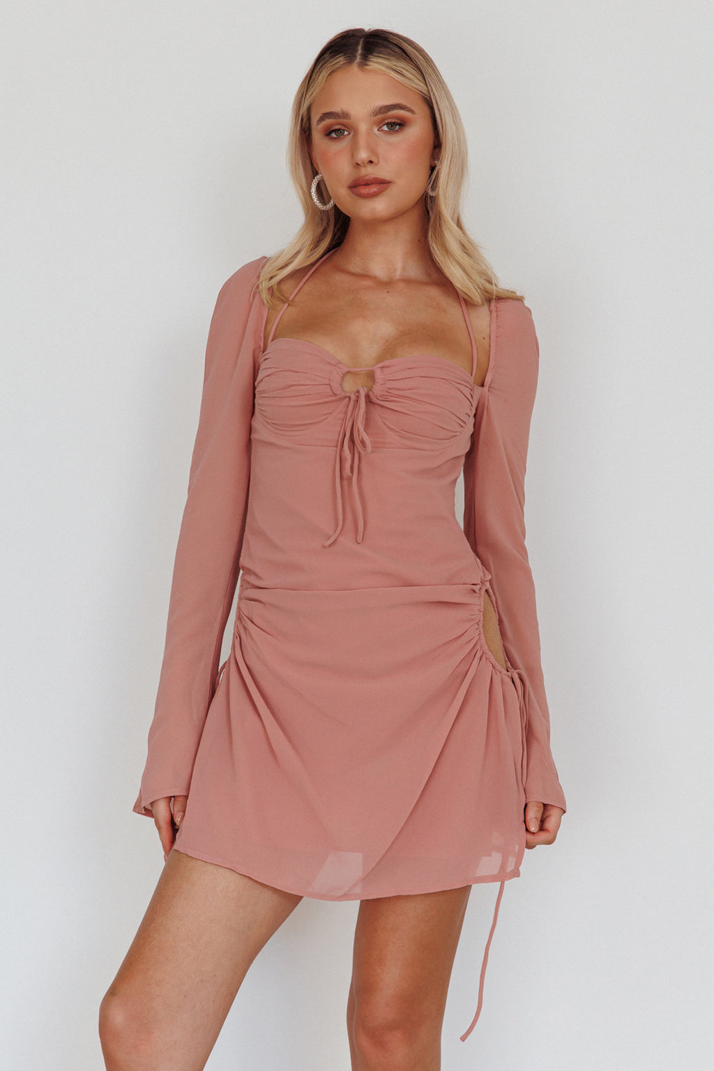 Etta Drawstring Long Sleeve Mini Dress Blush by Selfie Leslie