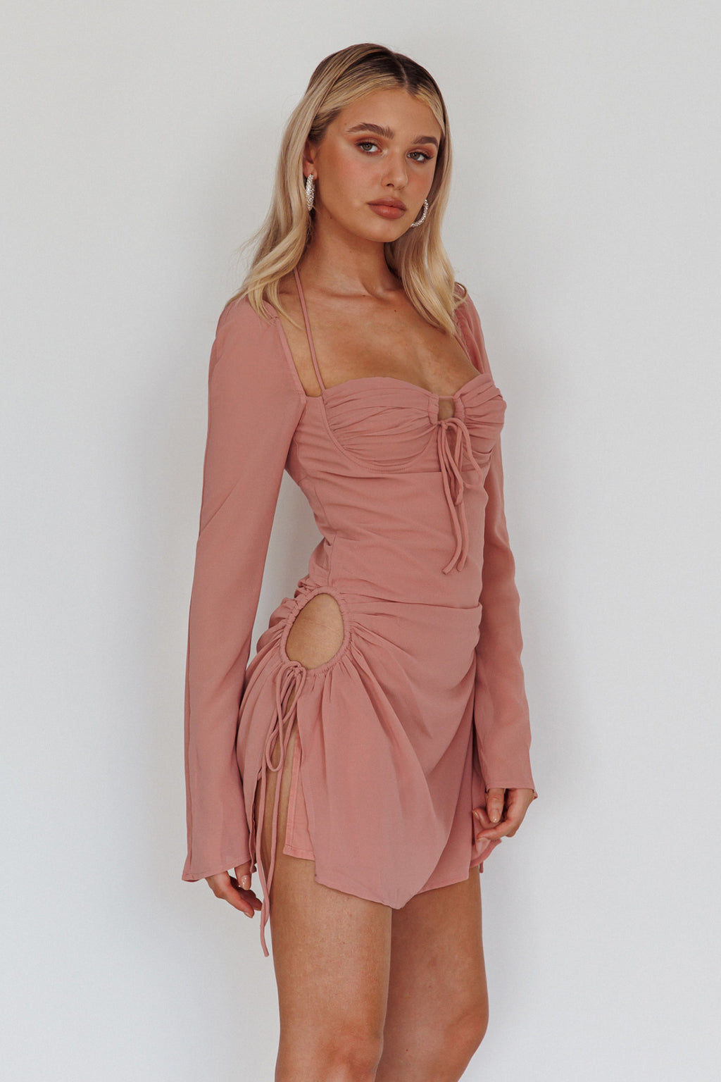 Etta Drawstring Long Sleeve Mini Dress Blush by Selfie Leslie