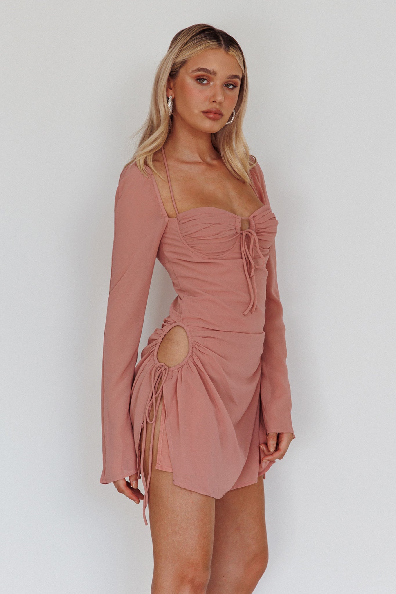 Etta Drawstring Long Sleeve Mini Dress Blush by Selfie Leslie