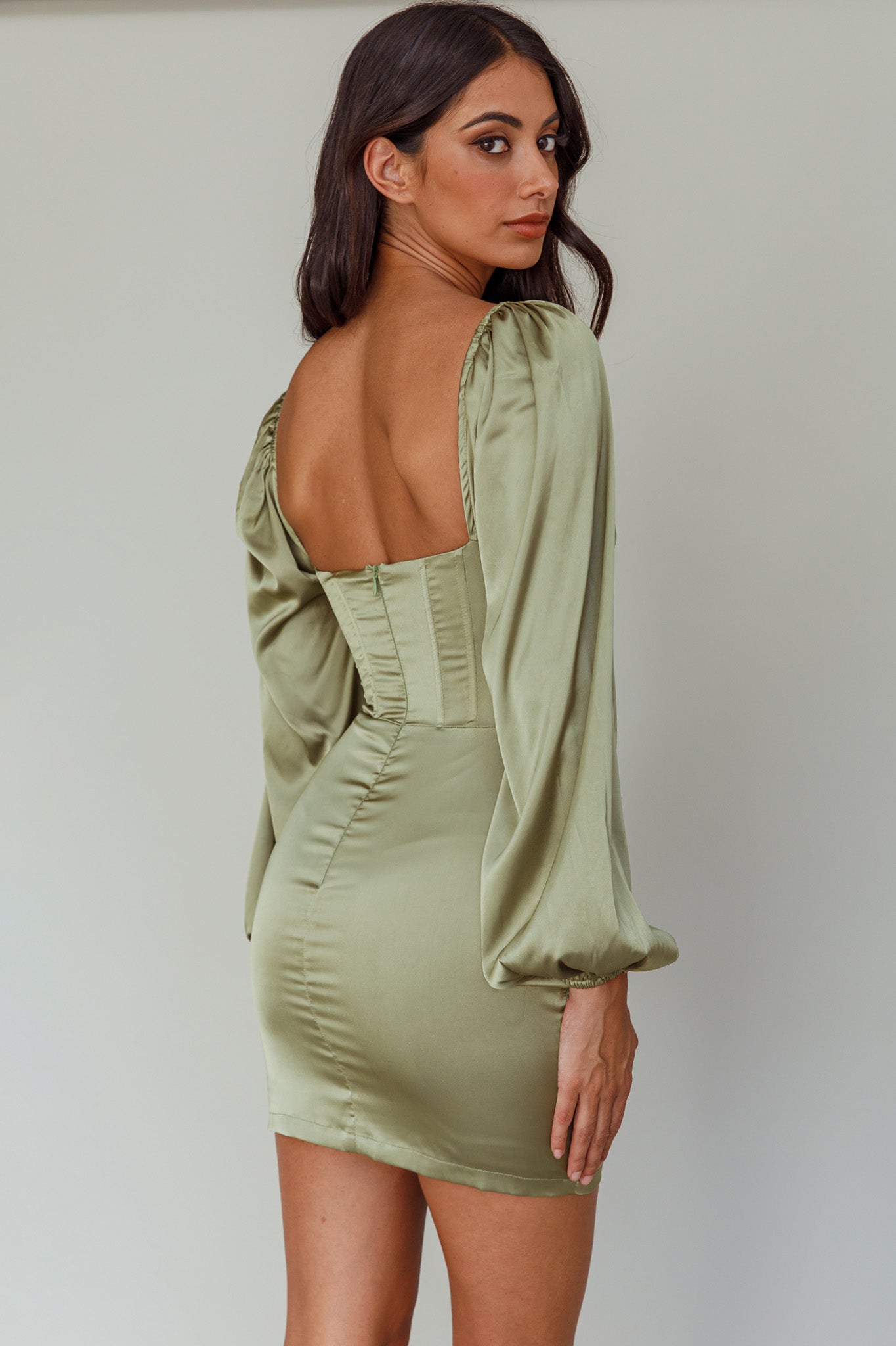 Au Revoir Long Sleeve Satin Mini Dress Sage by Selfie Leslie