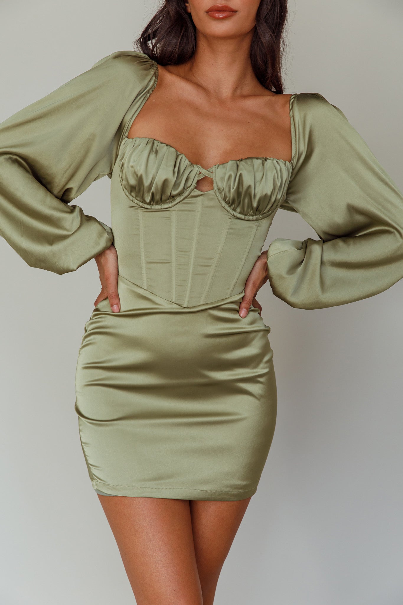 Au Revoir Long Sleeve Satin Mini Dress Sage by Selfie Leslie