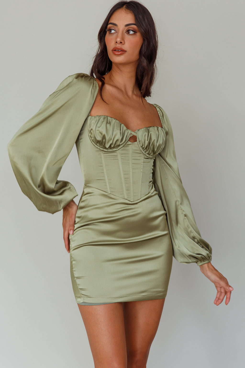 Au Revoir Long Sleeve Satin Mini Dress Sage by Selfie Leslie