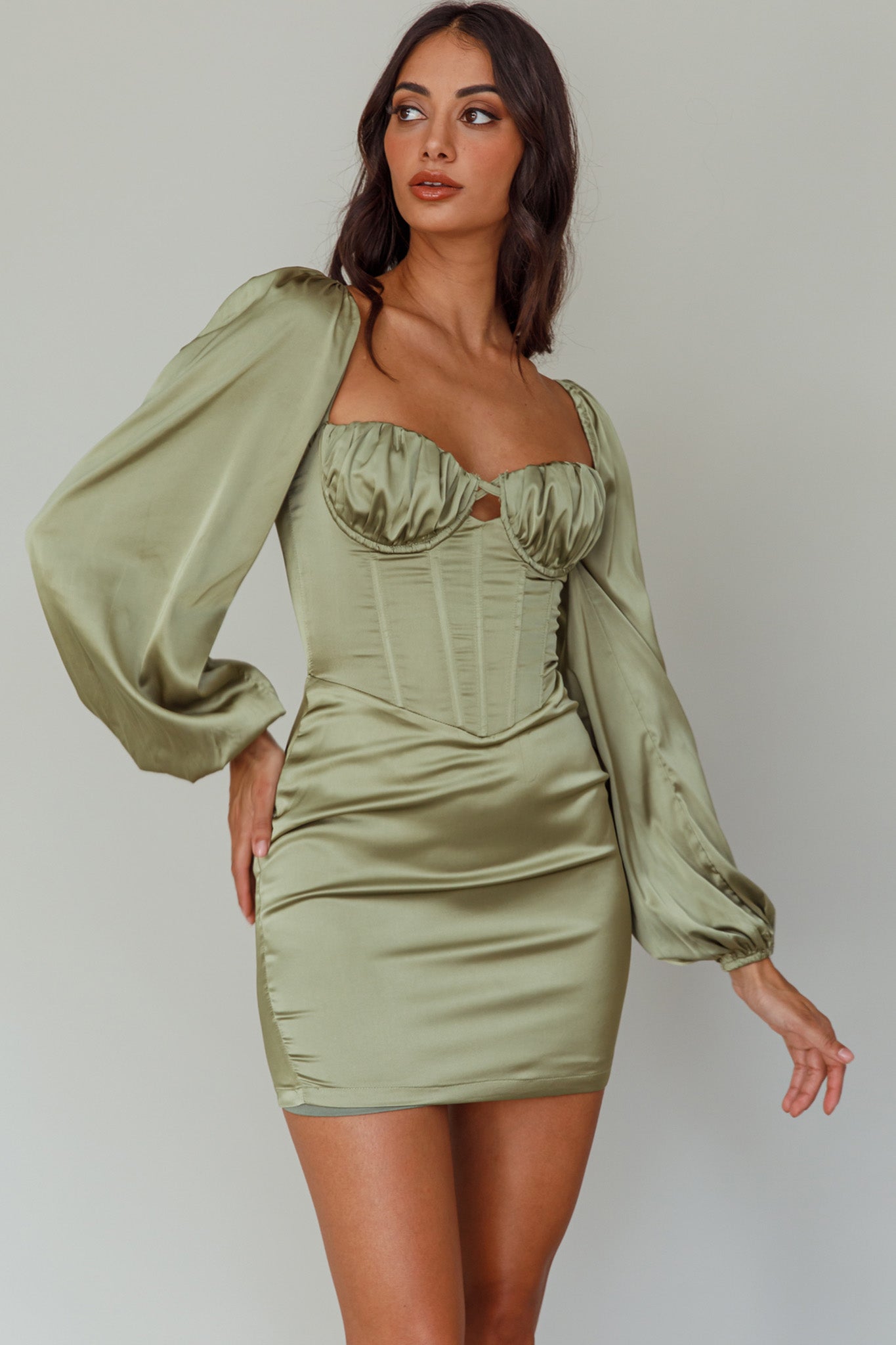 Au Revoir Long Sleeve Satin Mini Dress Sage by Selfie Leslie