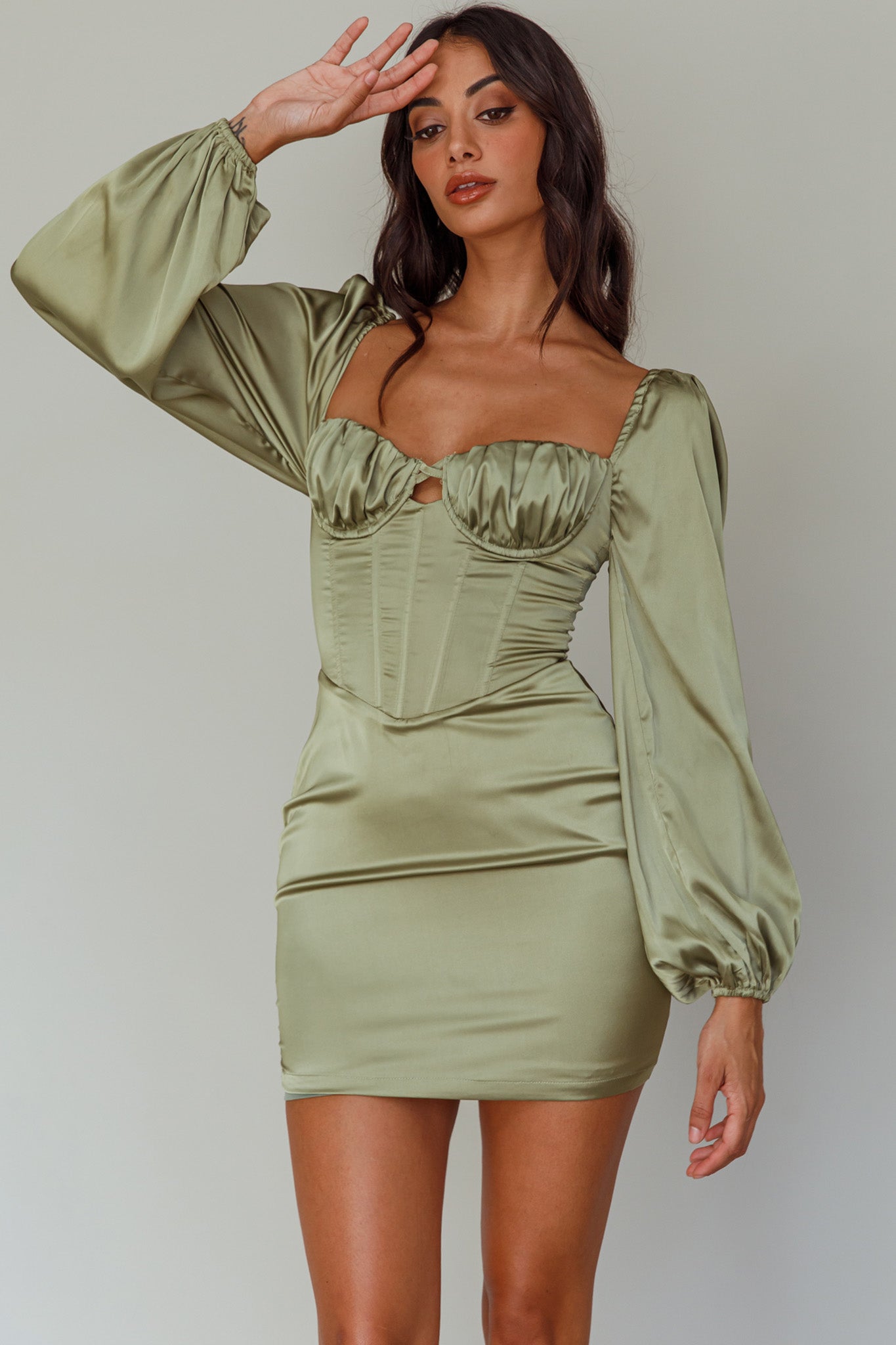 Au Revoir Long Sleeve Satin Mini Dress Sage by Selfie Leslie