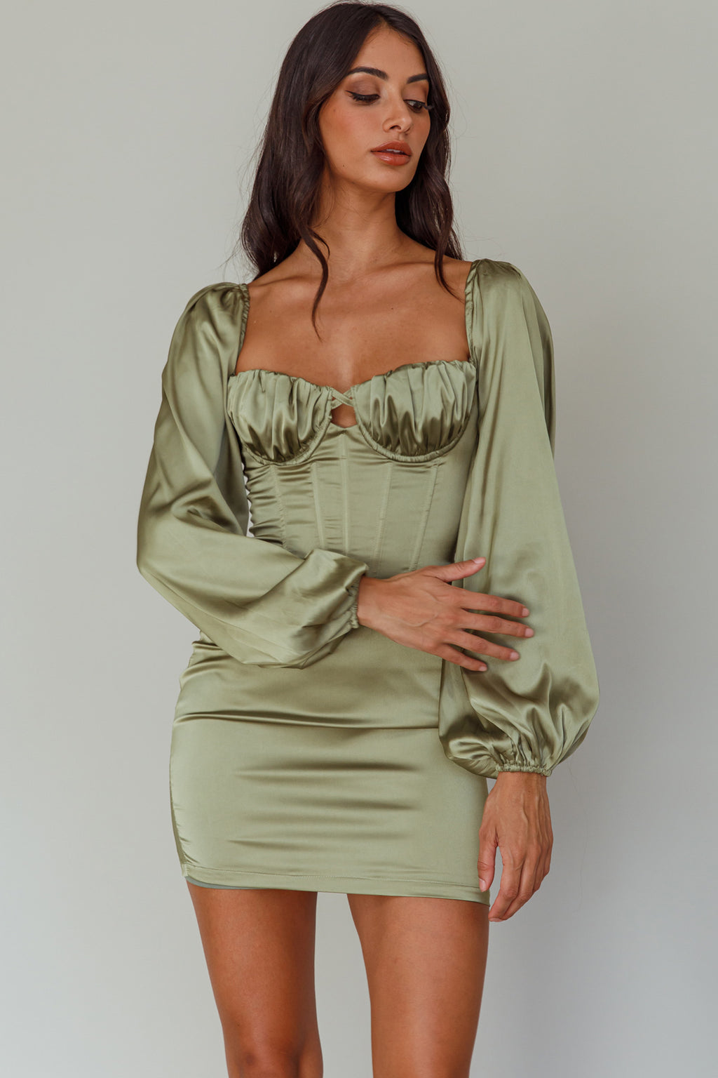 Au Revoir Long Sleeve Satin Mini Dress Sage by Selfie Leslie