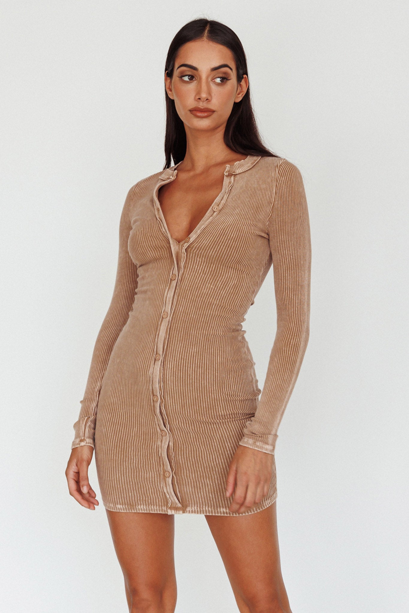 Goin' Solo Faux Placket Mini Dress Khaki by Selfie Leslie