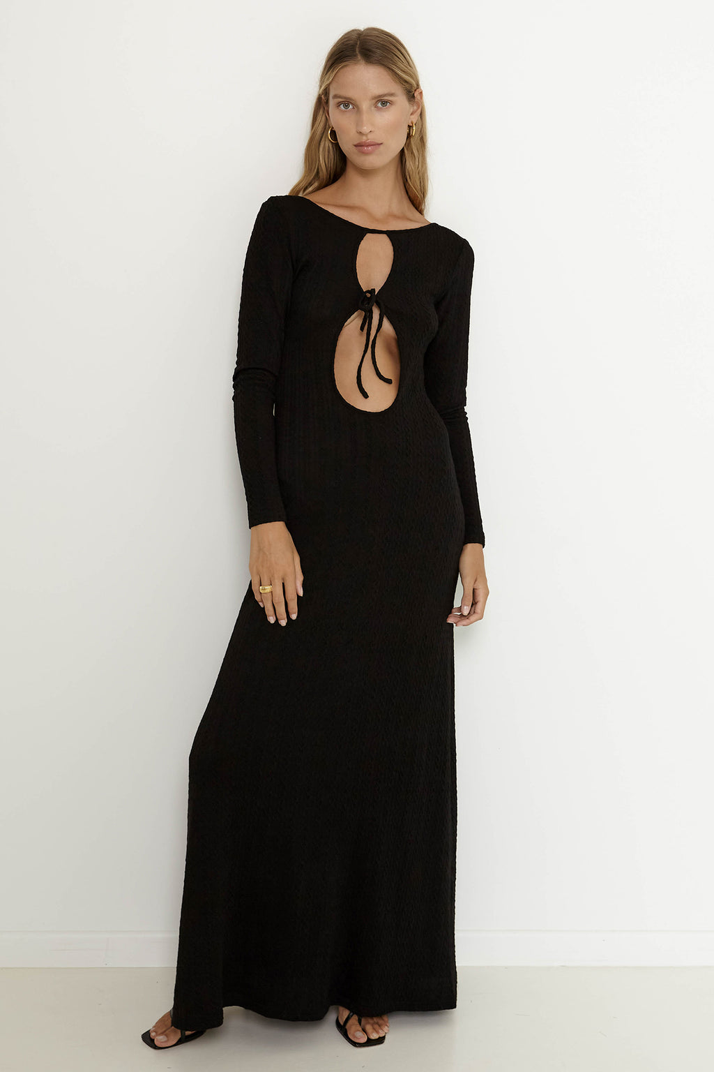 sndys long sleeve dress SNDYS fine rib ruched waist detail maxi dress in Black