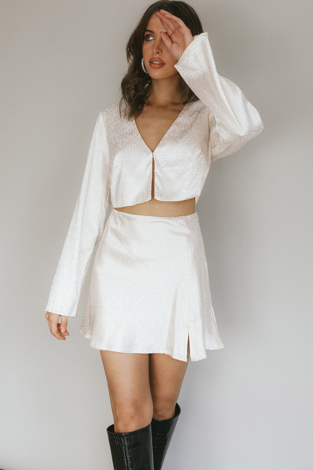 Winona Satin Jacquard Mini Skirt Cream by Selfie Leslie