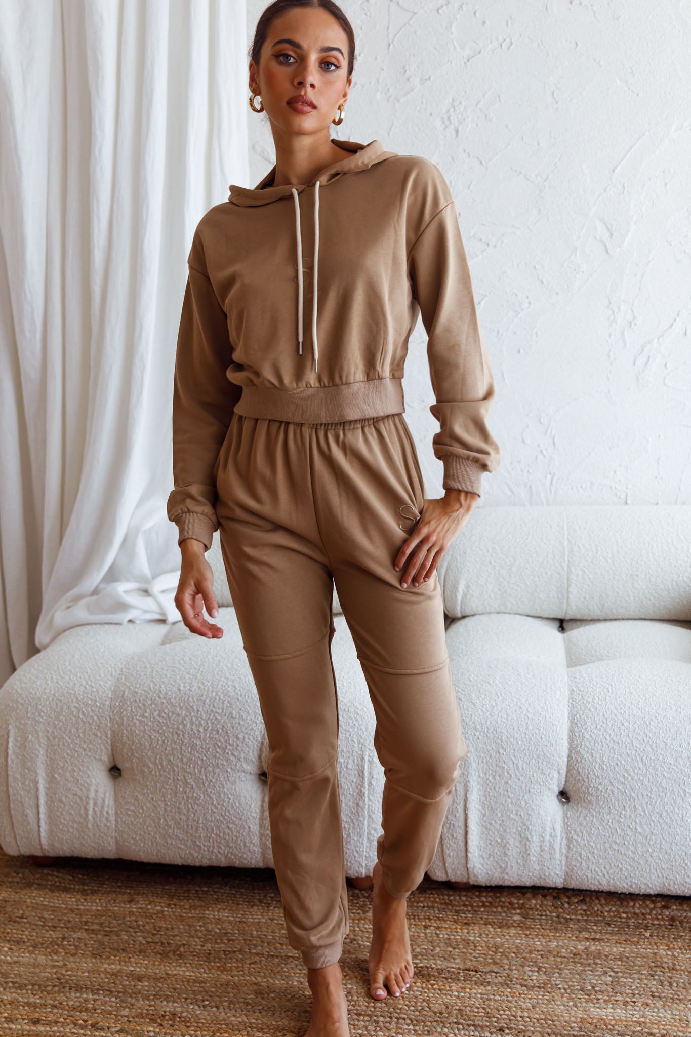 Glow Getter Elasticated Waist Embroidery Logo Jogger Pants Beige by Selfie Leslie