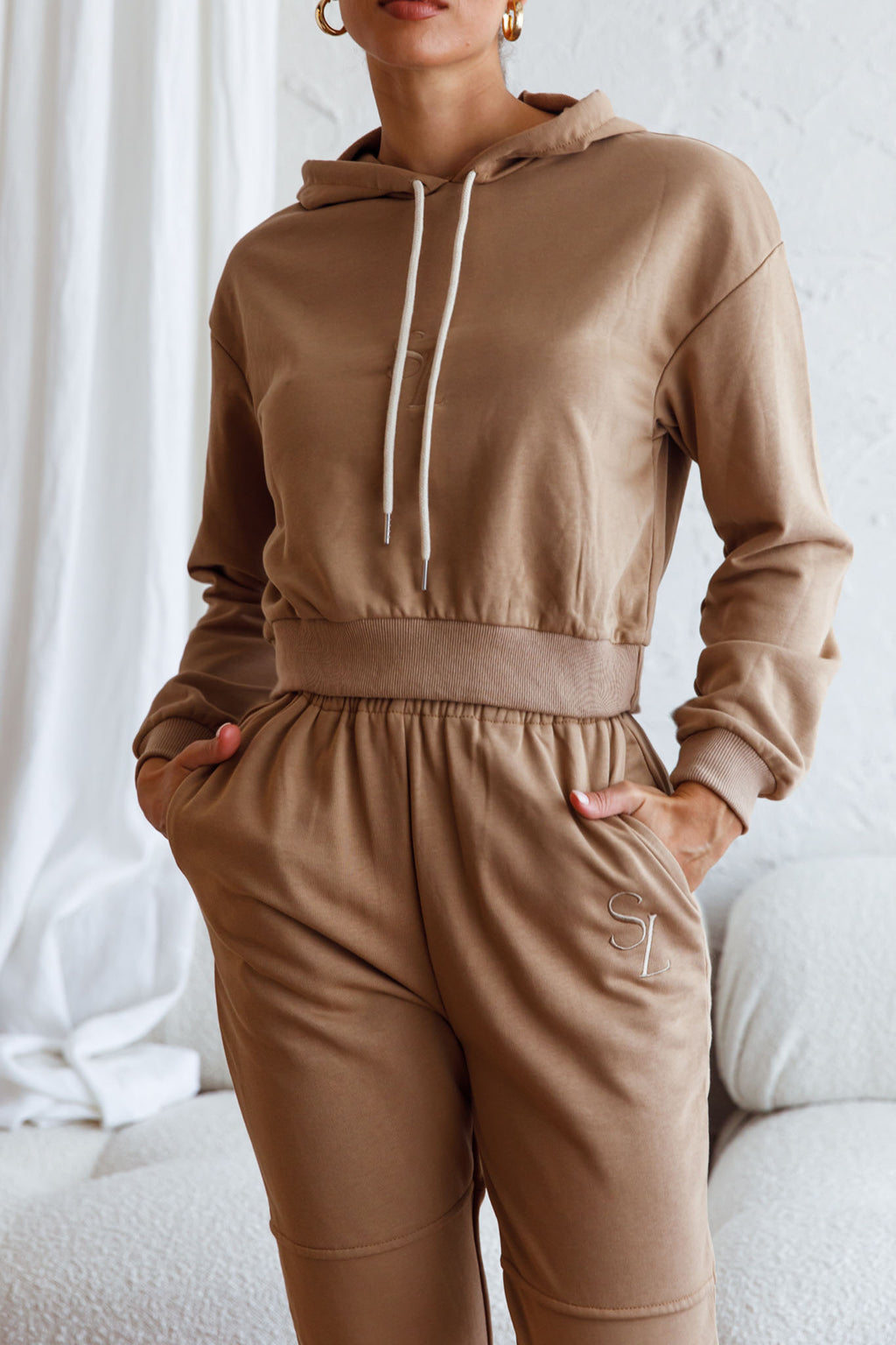 Glow Getter Elasticated Waist Embroidery Logo Jogger Pants Beige by Selfie Leslie