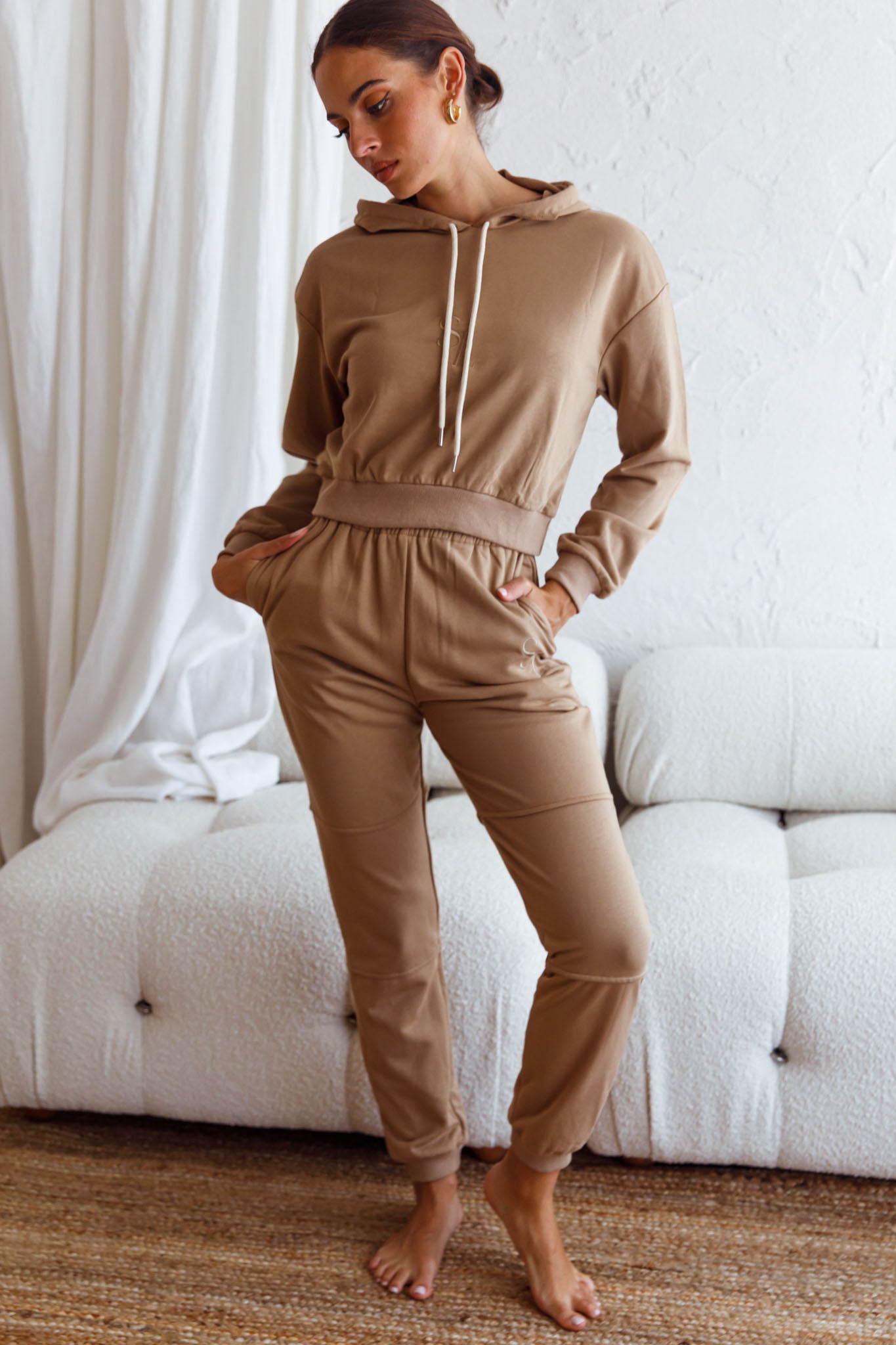 Glow Getter Drawstring Hood Embroidery Logo Hoodie Beige by Selfie Leslie