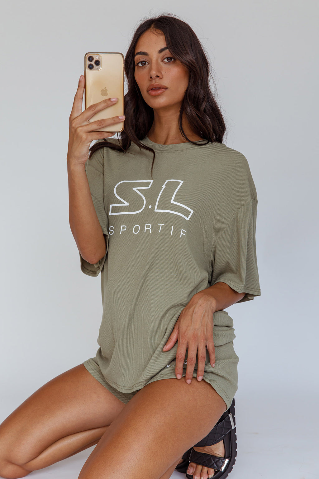 On Track SL Logo T-Shirt Khaki by Selfie Leslie