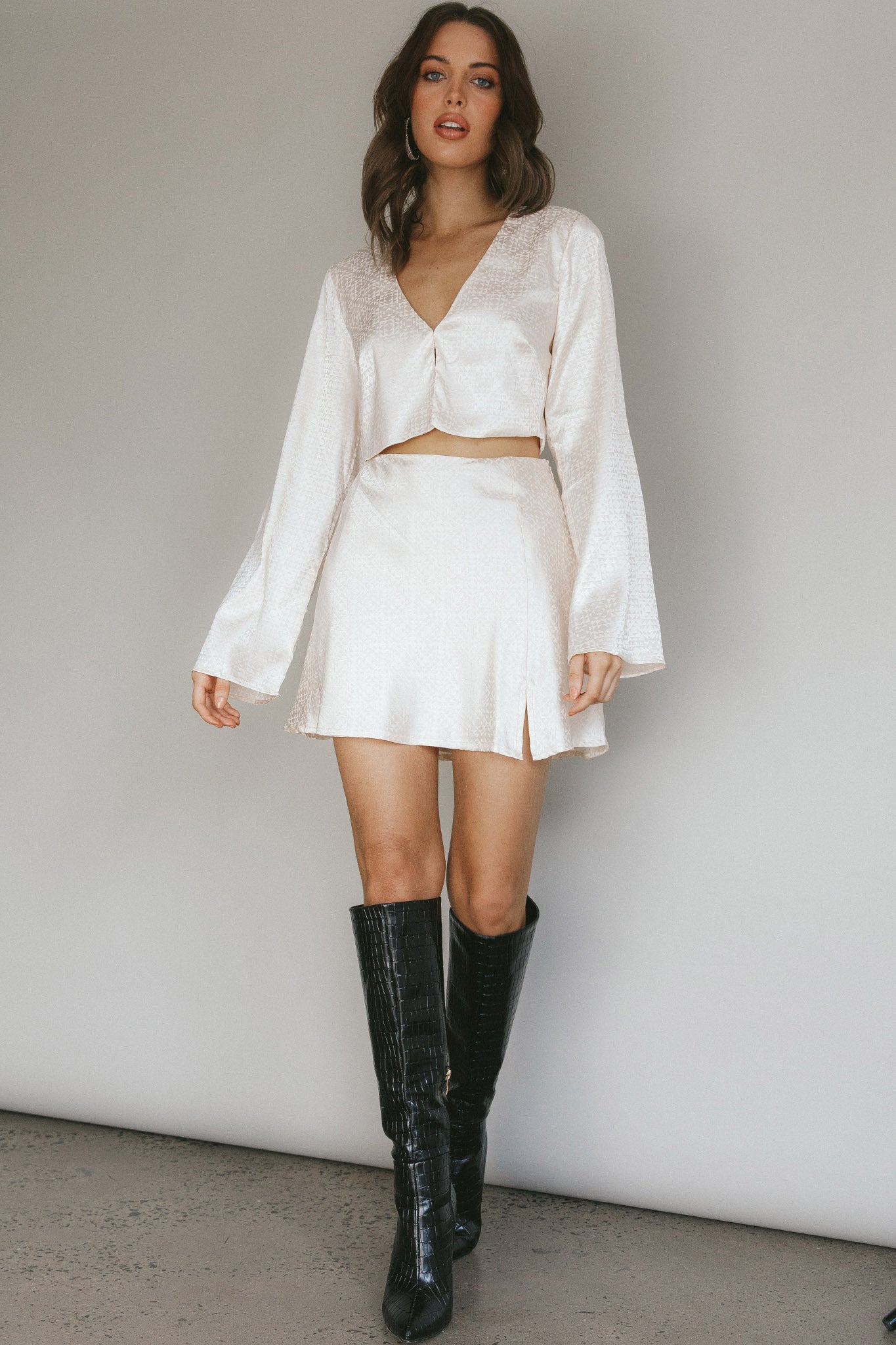 Reese Long Sleeve Satin Crop Top Cream by Selfie Leslie