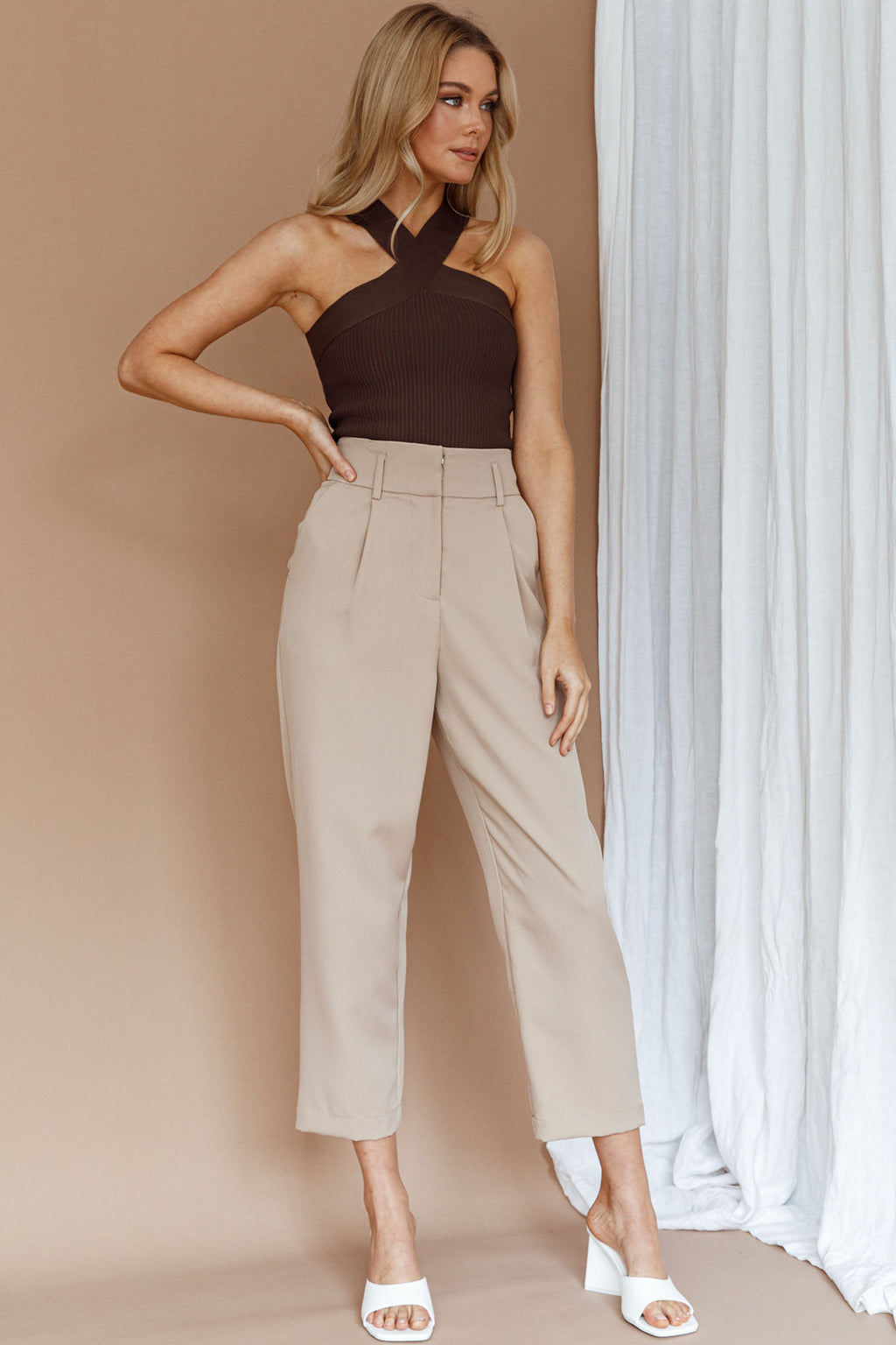 Kansas Crossover Neck Knit Top Brown by Selfie Leslie