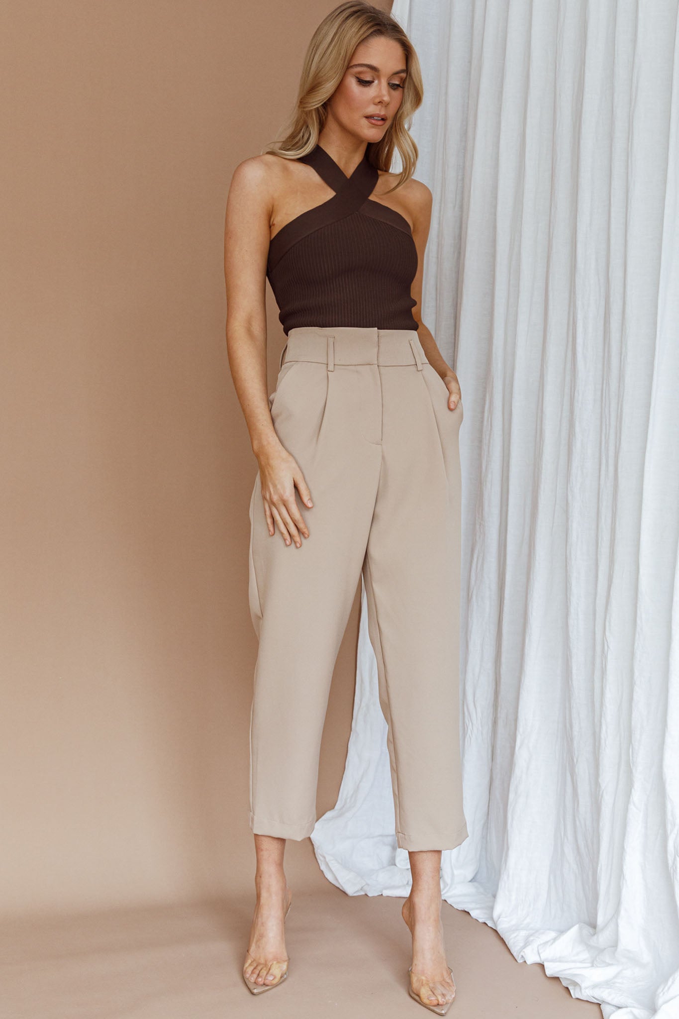 Kansas Crossover Neck Knit Top Brown by Selfie Leslie