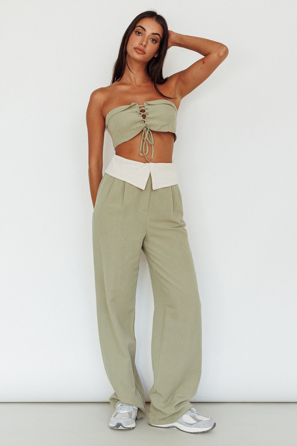 East Village Lace-Up Crop Top Sage by Selfie Leslie