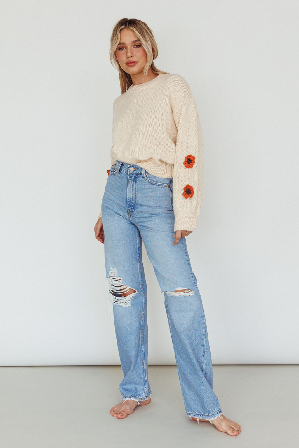 Lighthouse Flower Accent Sweater Cream by Selfie Leslie