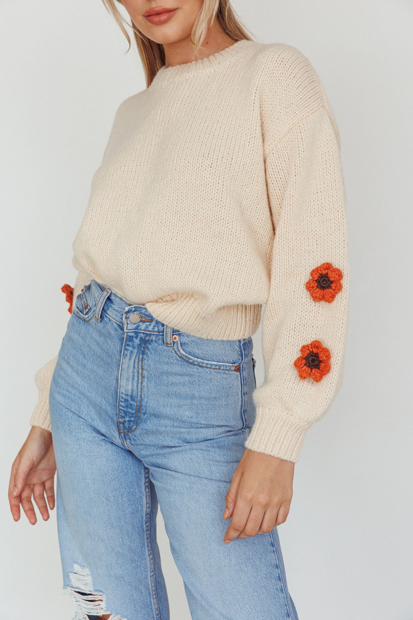 Lighthouse Flower Accent Sweater Cream by Selfie Leslie