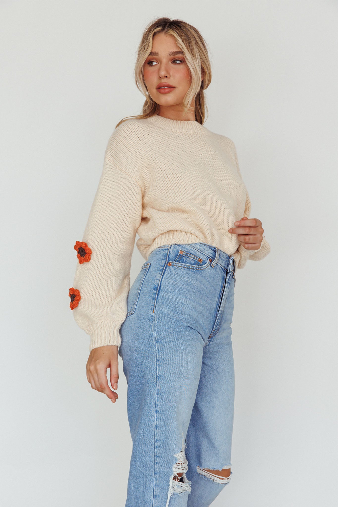 Lighthouse Flower Accent Sweater Cream by Selfie Leslie