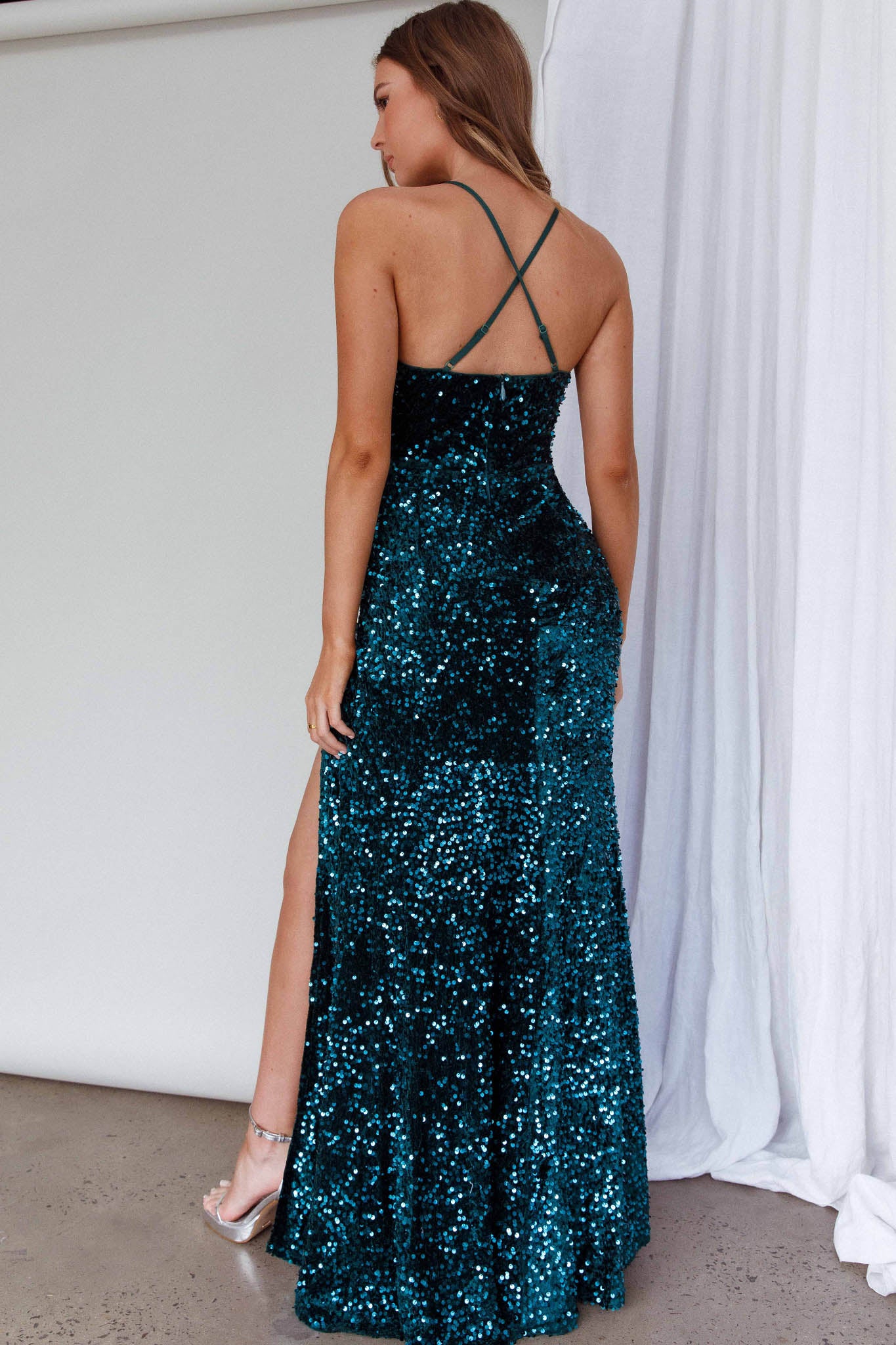 Shop the Bellerose Thigh Split Sequin Dress Emerald | Selfie Leslie
