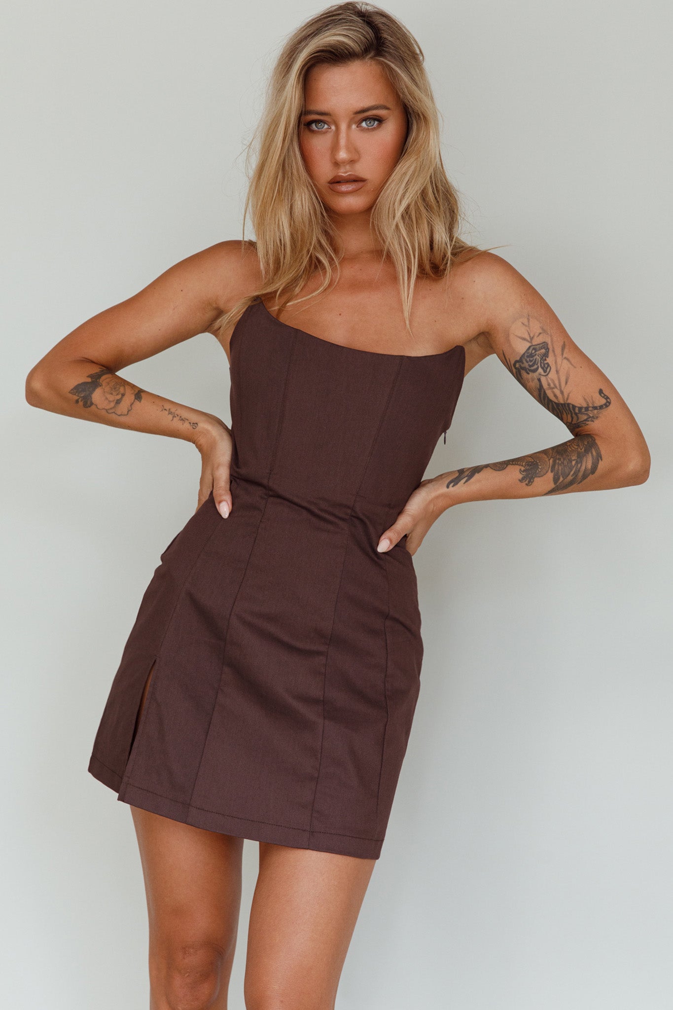 Luann Scoop Neckline Strapless Mini Dress Brown Luann Scoop Neckline Strapless Mini Dress Brown