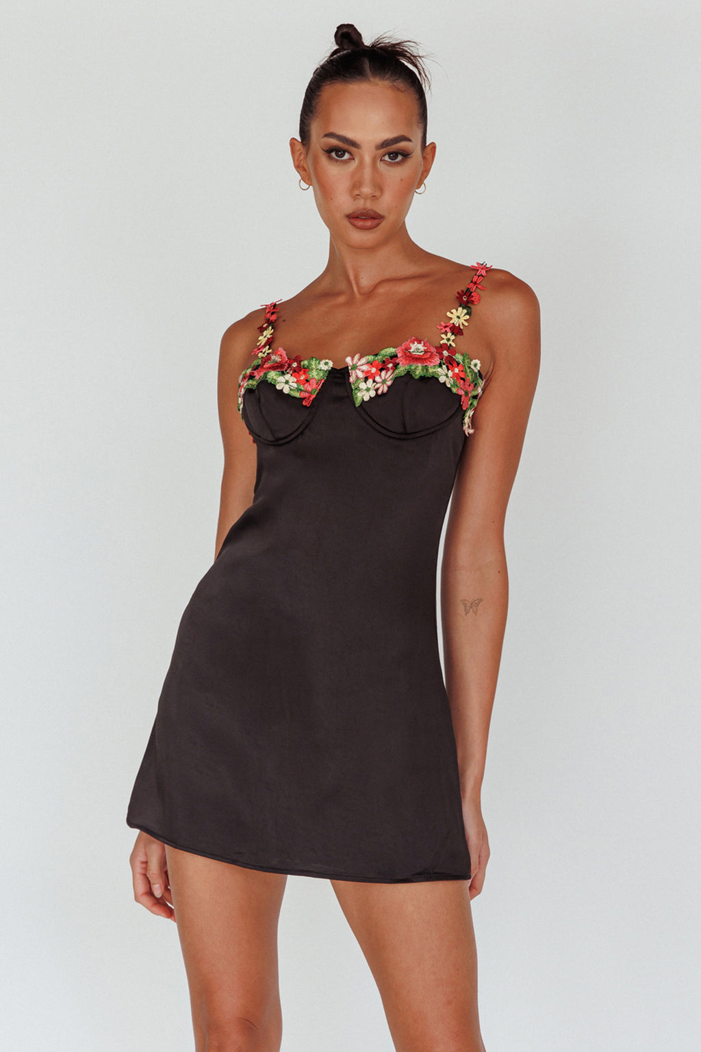 Izolda Floral Applique Mini Dress Black by Selfie Leslie