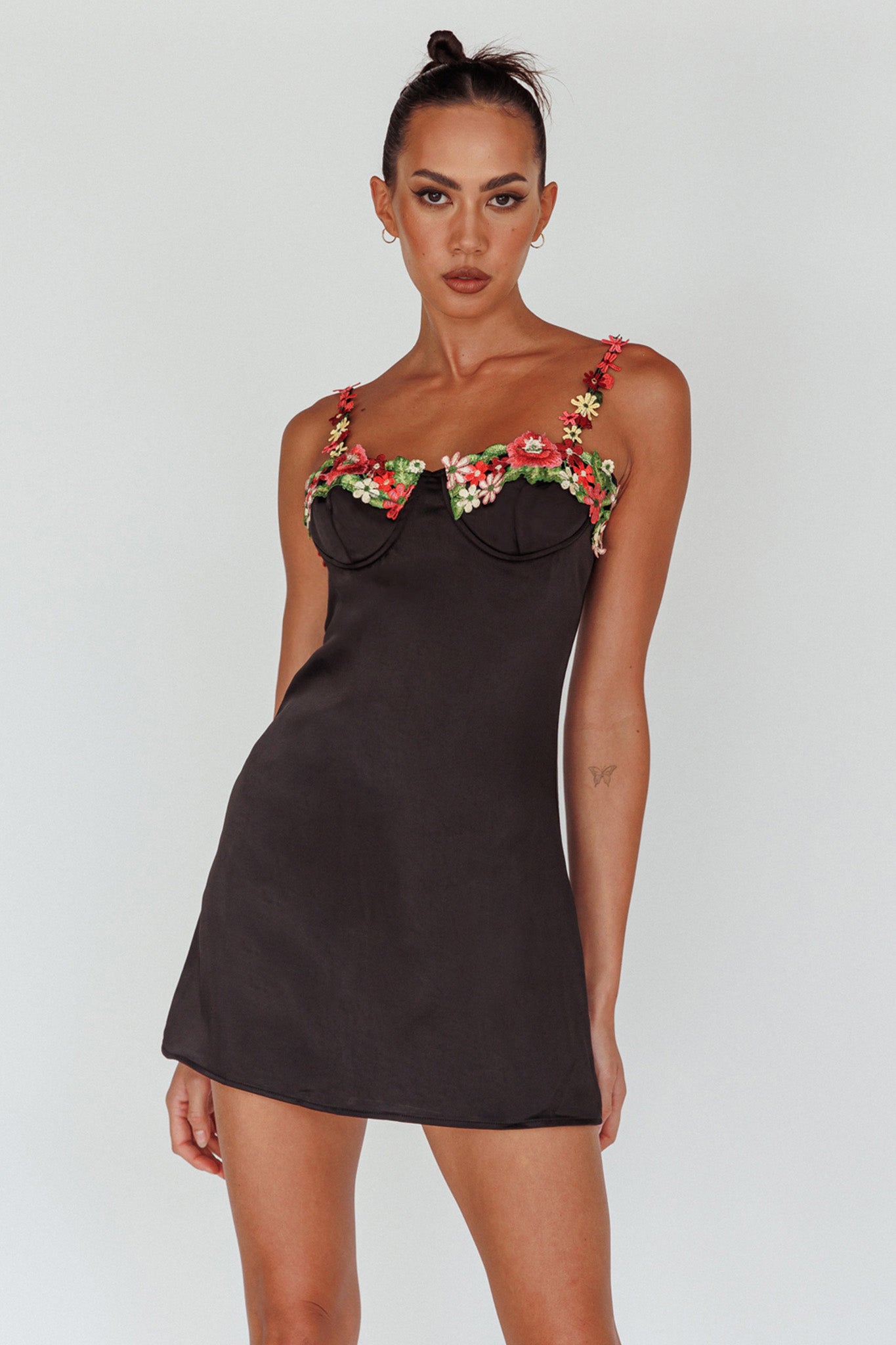 Izolda Floral Applique Mini Dress Black by Selfie Leslie