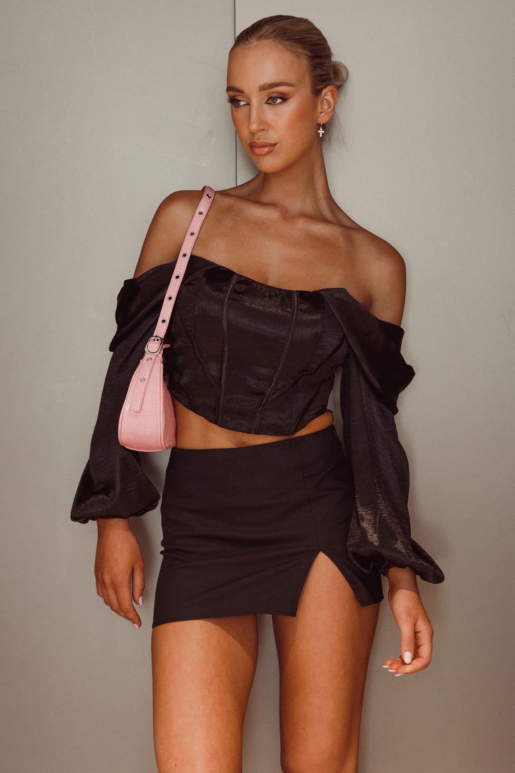 Elouise Off-Shoulder Long Sleeve Top Black by Selfie Leslie