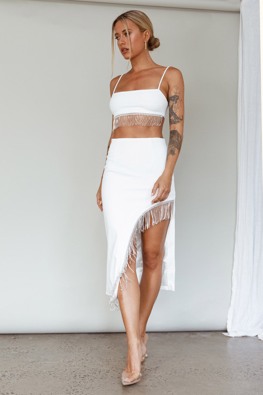Attention Seeker Diamante Trim Midi Skirt Off White by Selfie Leslie
