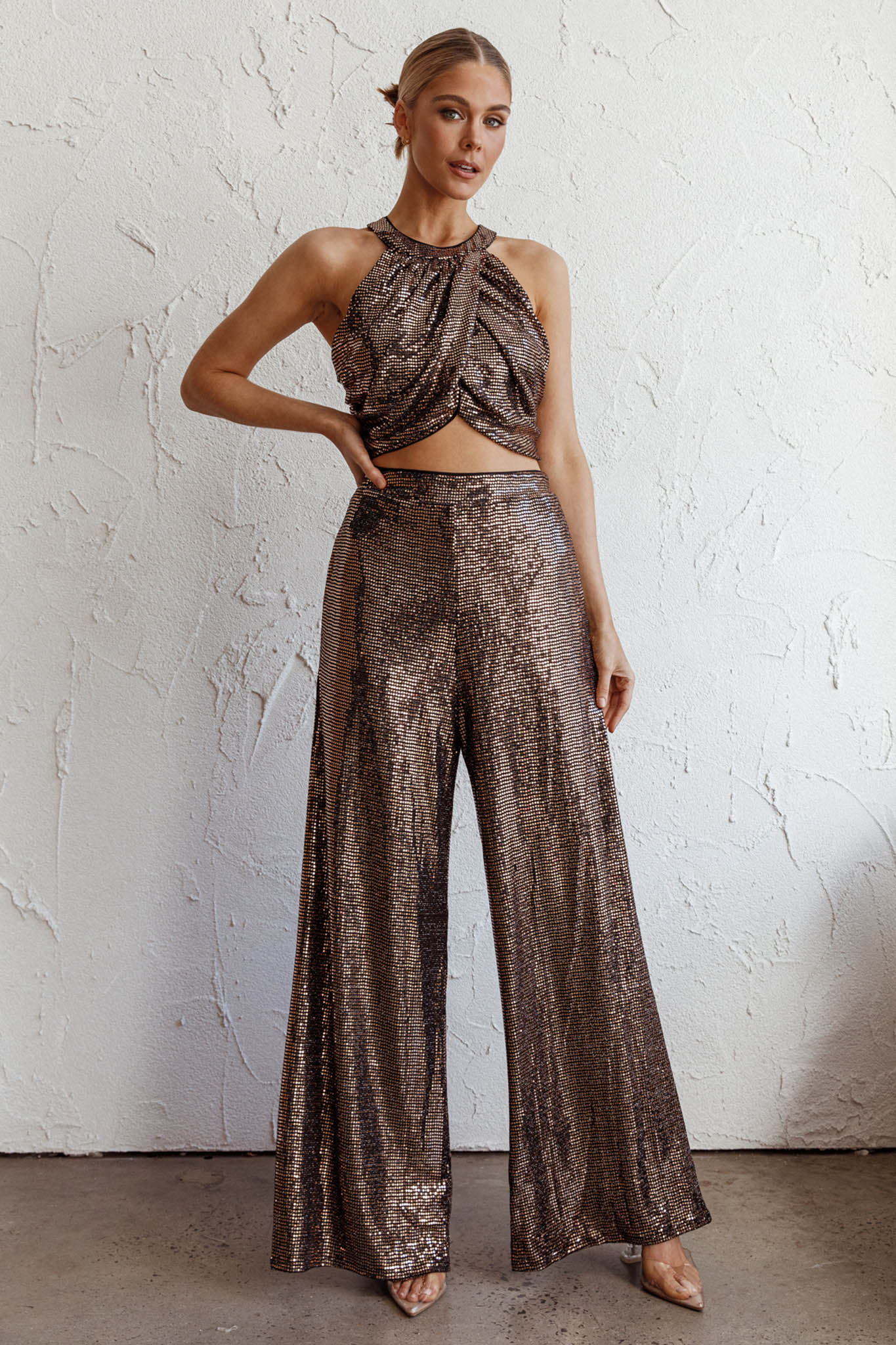 Anything Goes Draped Sequin Crop Top Gold by Selfie Leslie