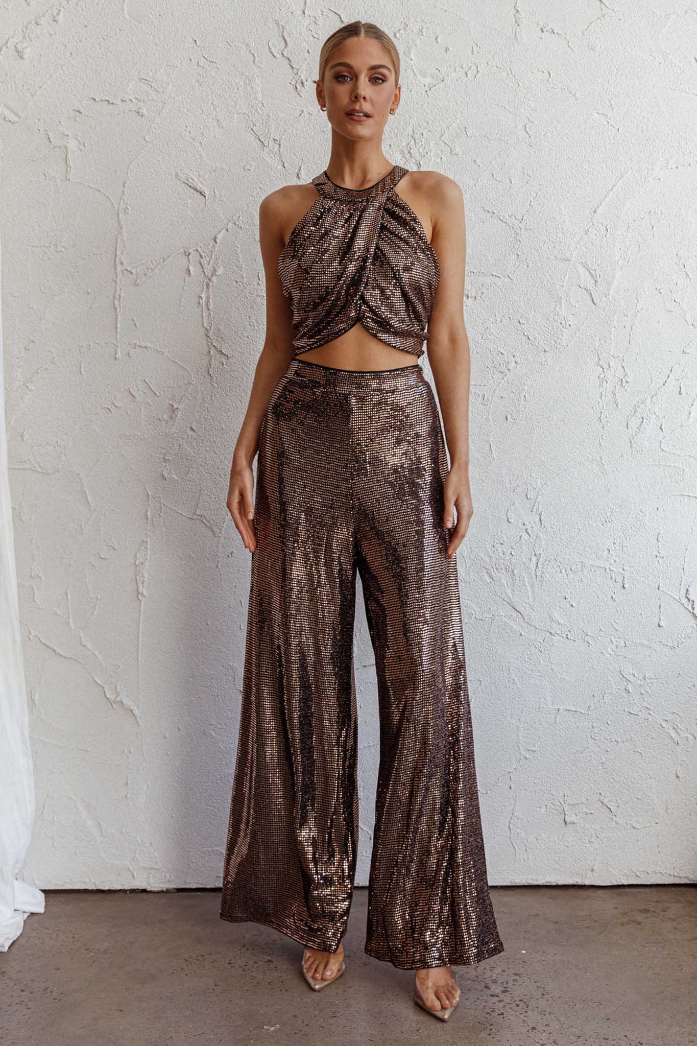 Anything Goes Draped Sequin Crop Top Gold by Selfie Leslie