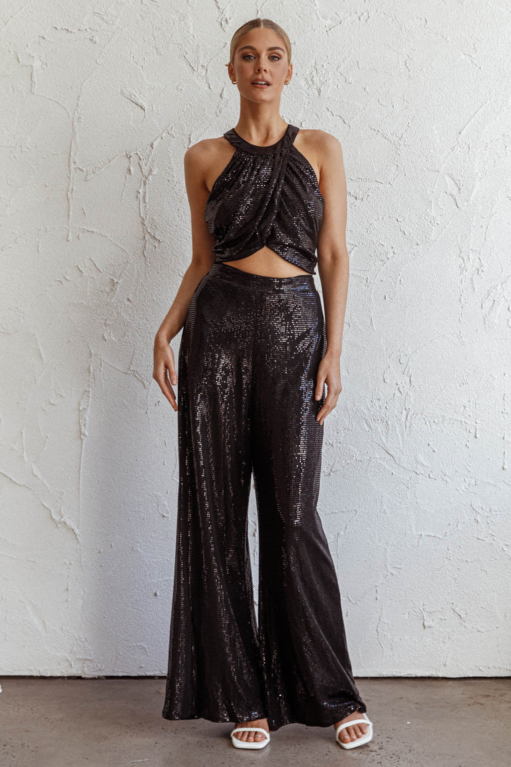 Anything Goes Draped Sequin Crop Top Black by Selfie Leslie