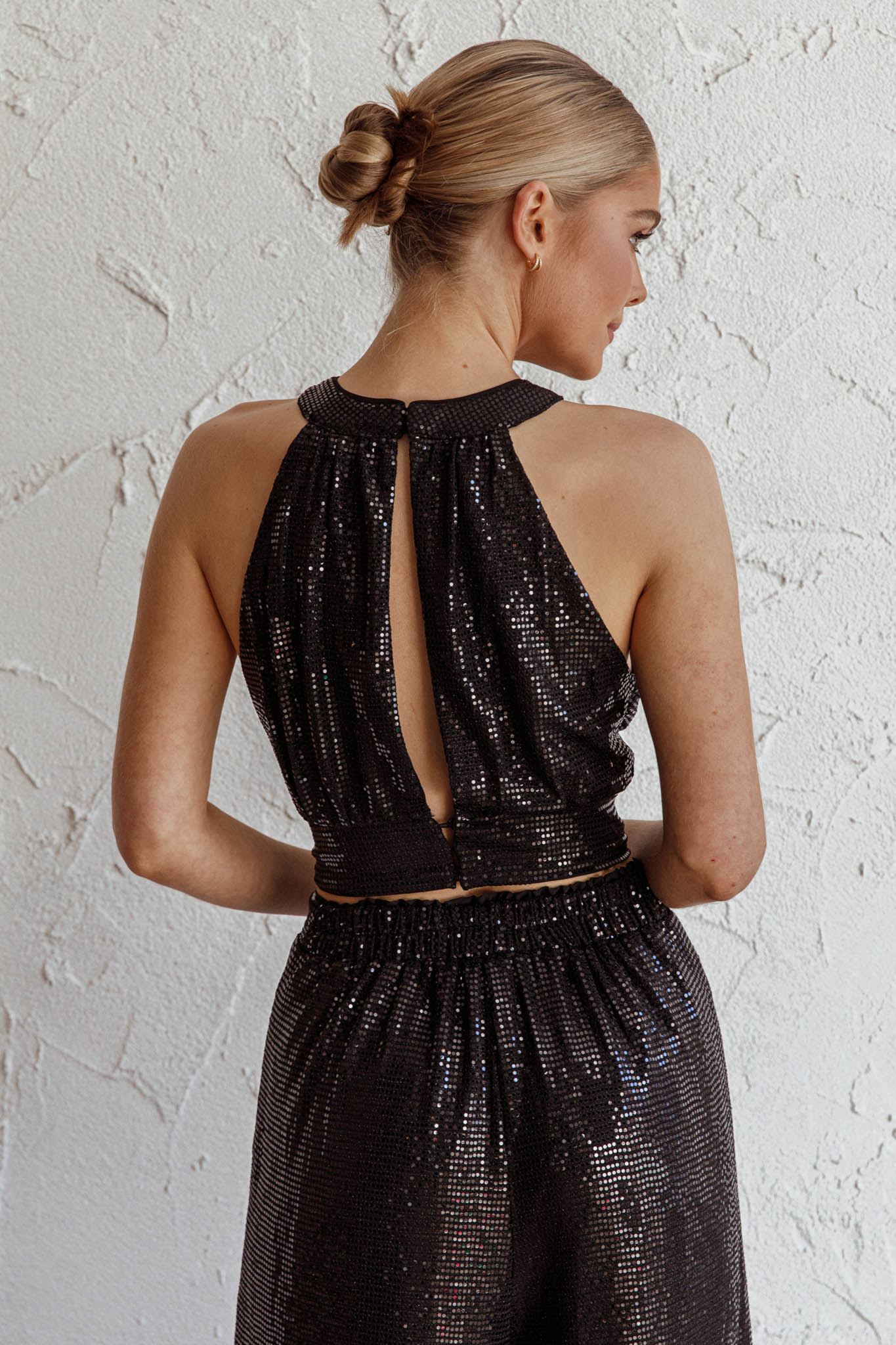 Anything Goes Draped Sequin Crop Top Black by Selfie Leslie
