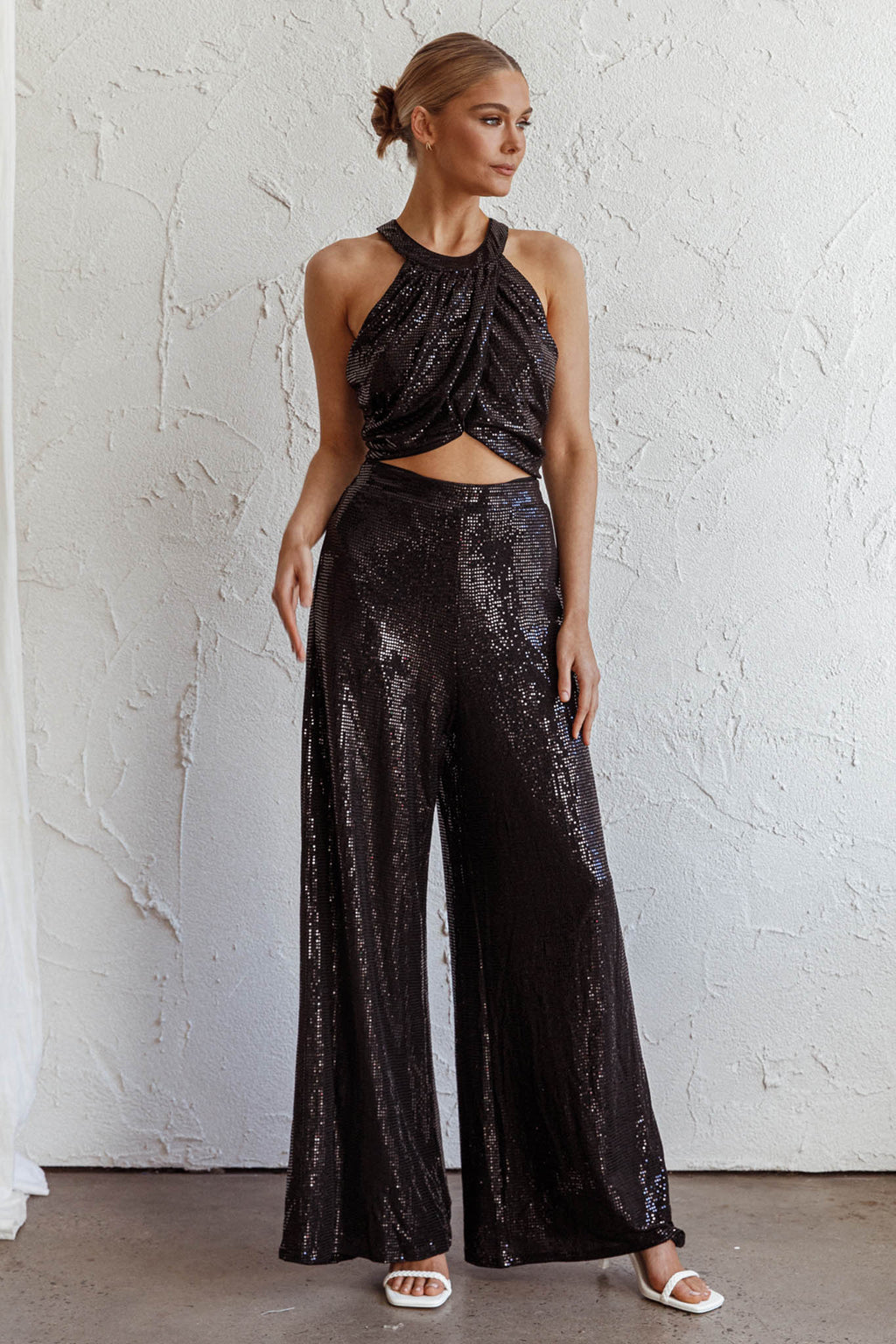 Anything Goes Draped Sequin Crop Top Black by Selfie Leslie