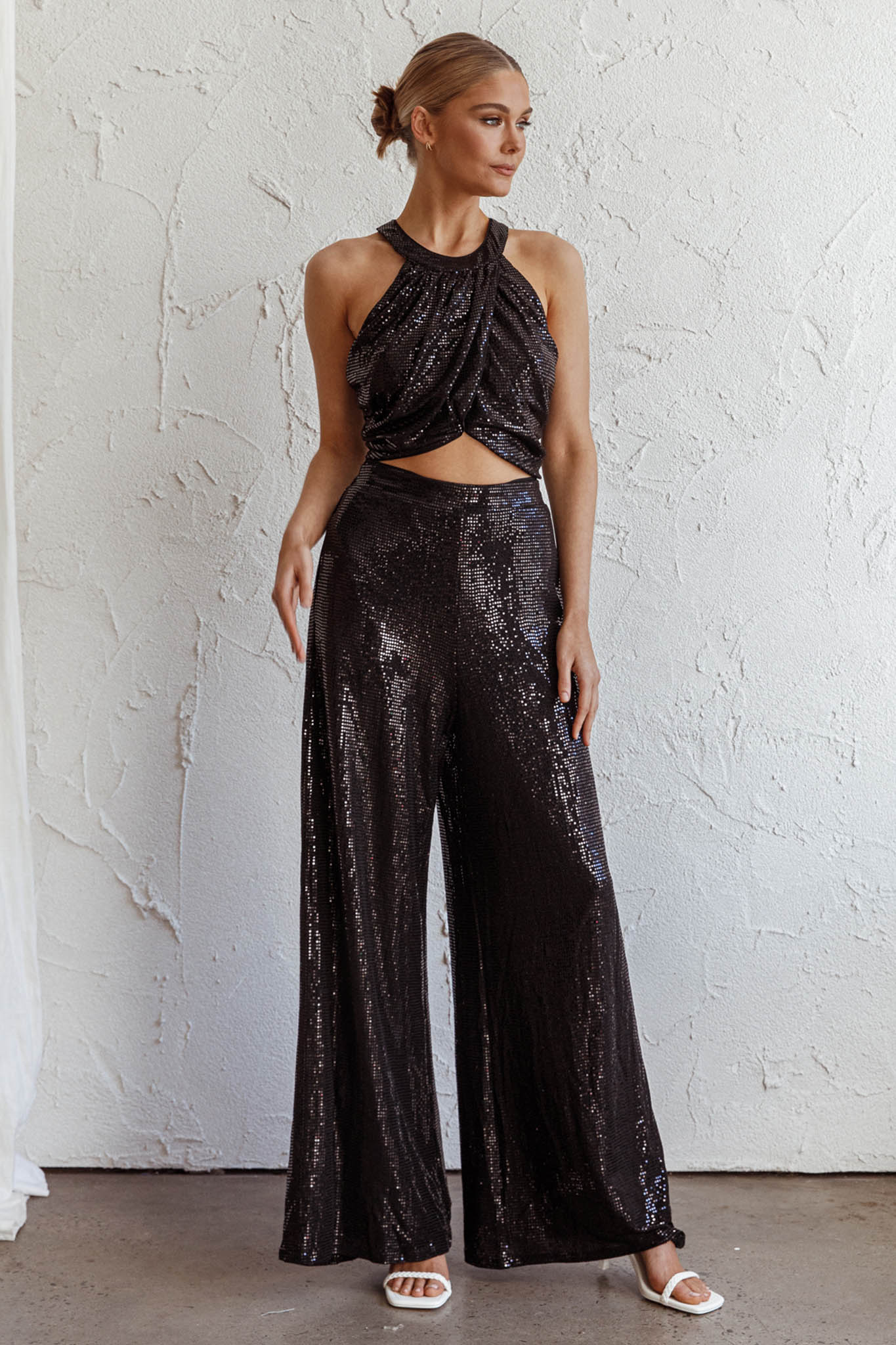 Anything Goes Draped Sequin Crop Top Black by Selfie Leslie