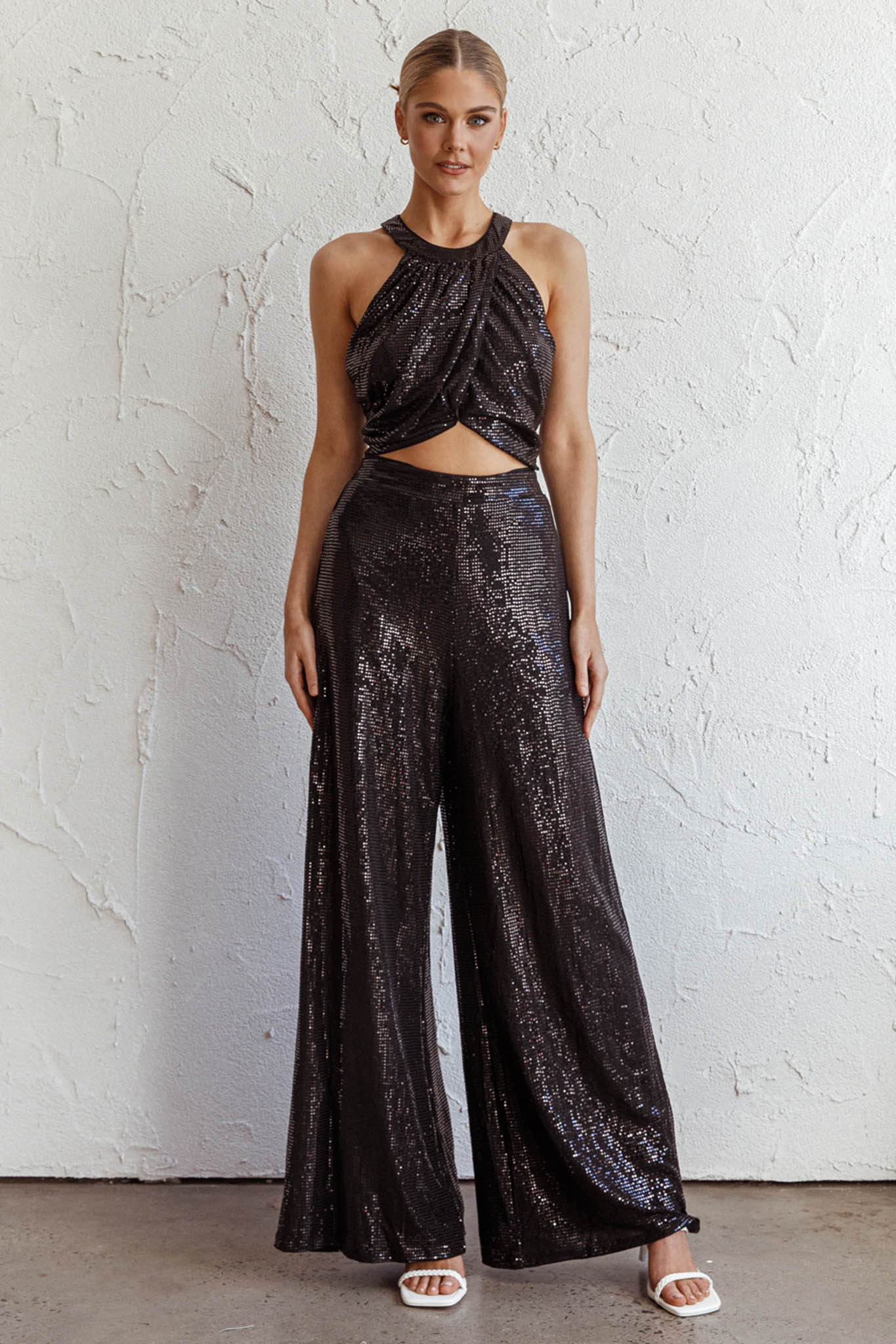 Anything Goes Draped Sequin Crop Top Black by Selfie Leslie