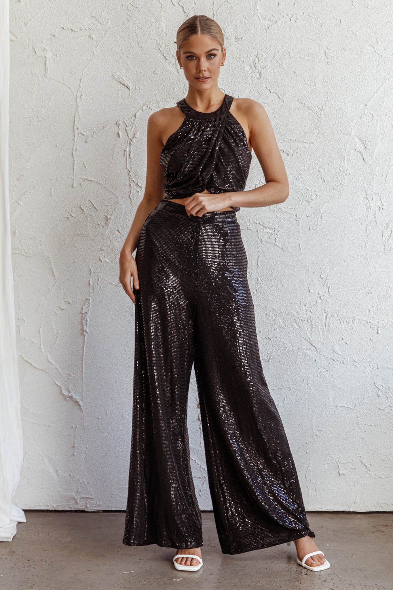 Anything Goes Draped Sequin Crop Top Black by Selfie Leslie