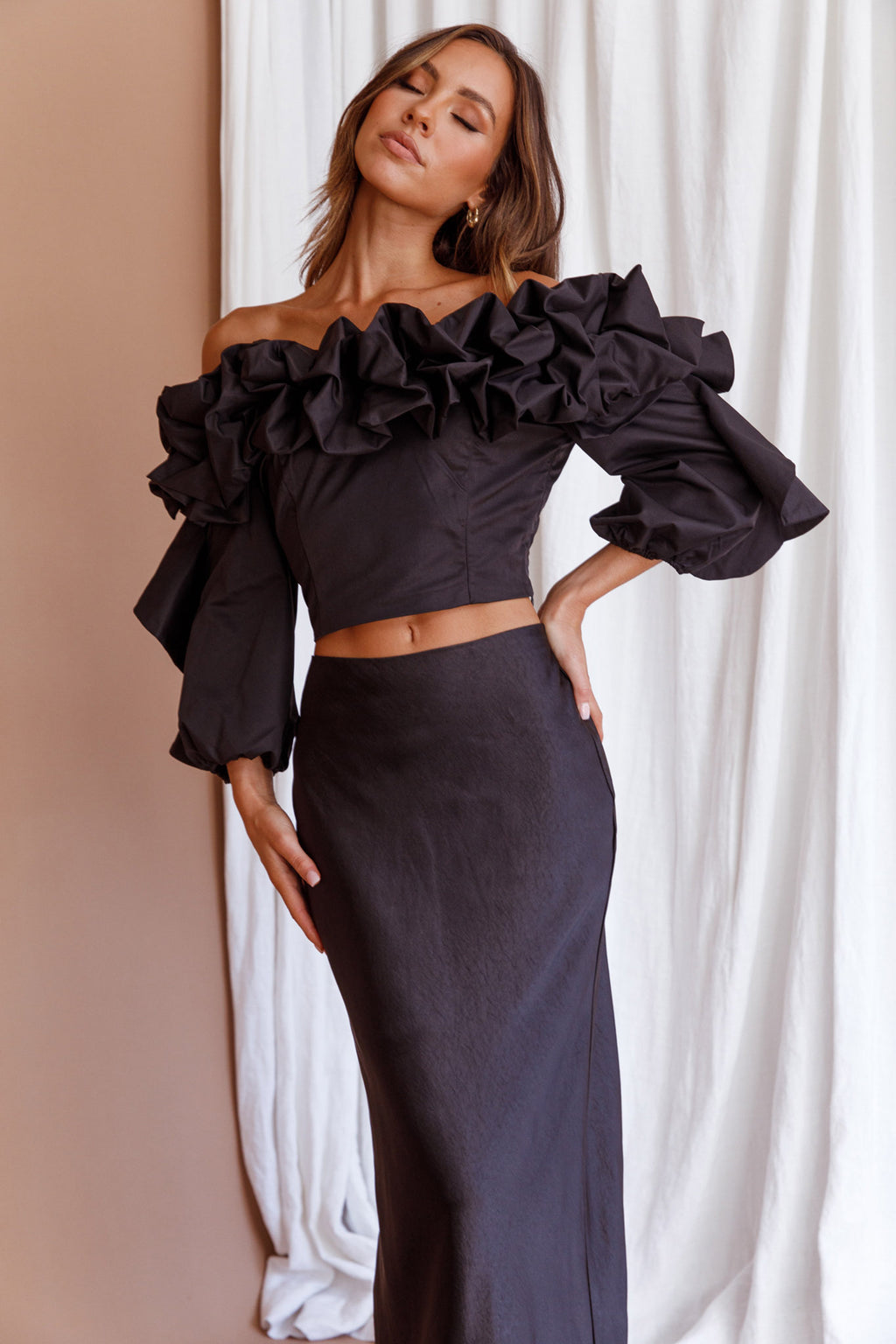 Midnight Mirage Puff Ruffle Crop Top Black by Selfie Leslie