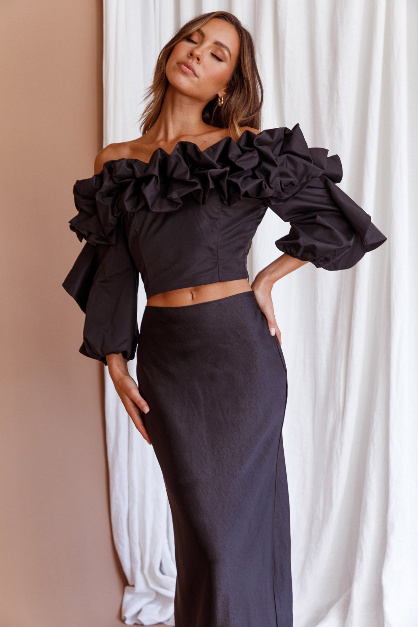 Midnight Mirage Puff Ruffle Crop Top Black by Selfie Leslie