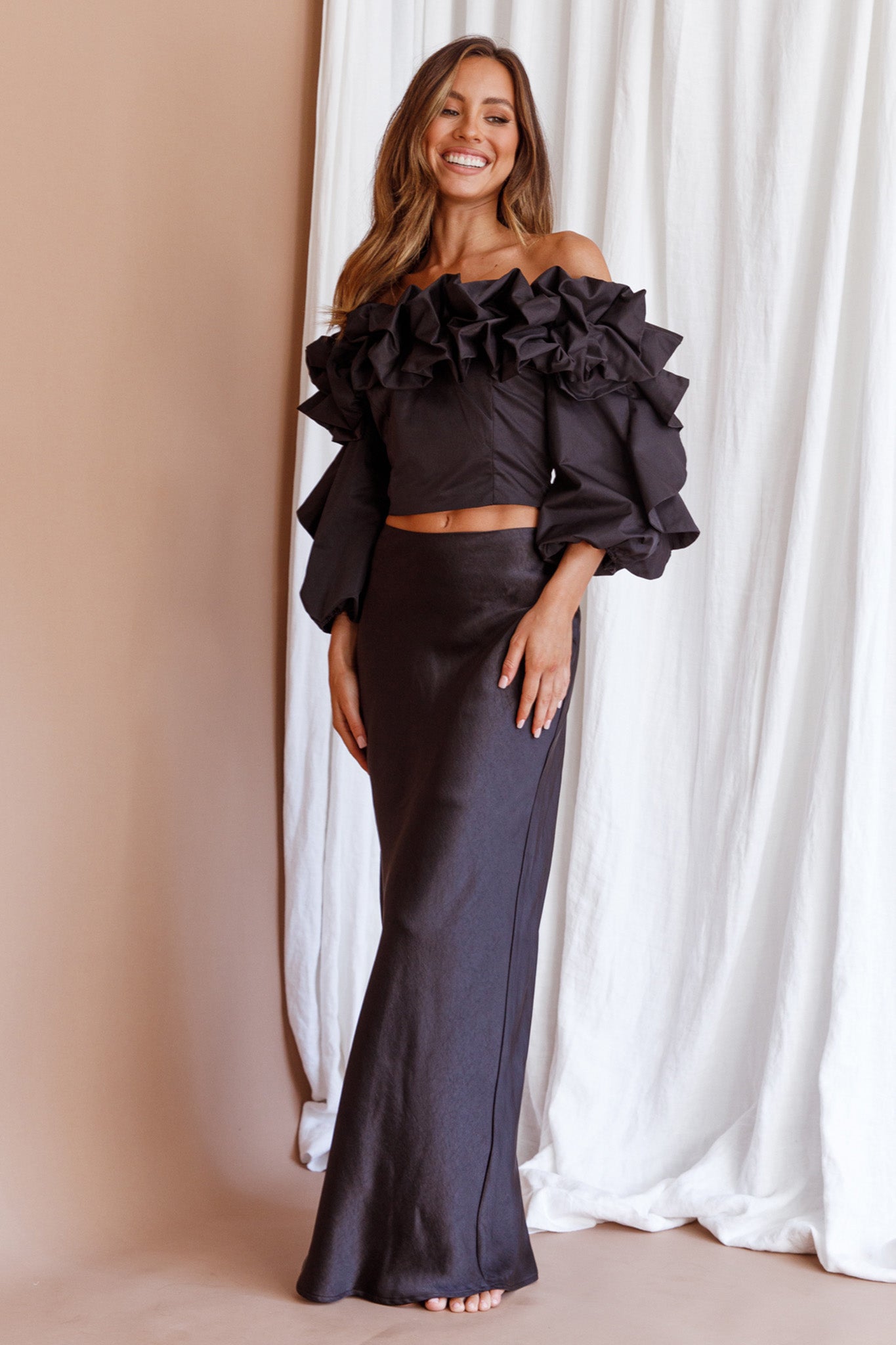 Midnight Mirage Puff Ruffle Crop Top Black by Selfie Leslie