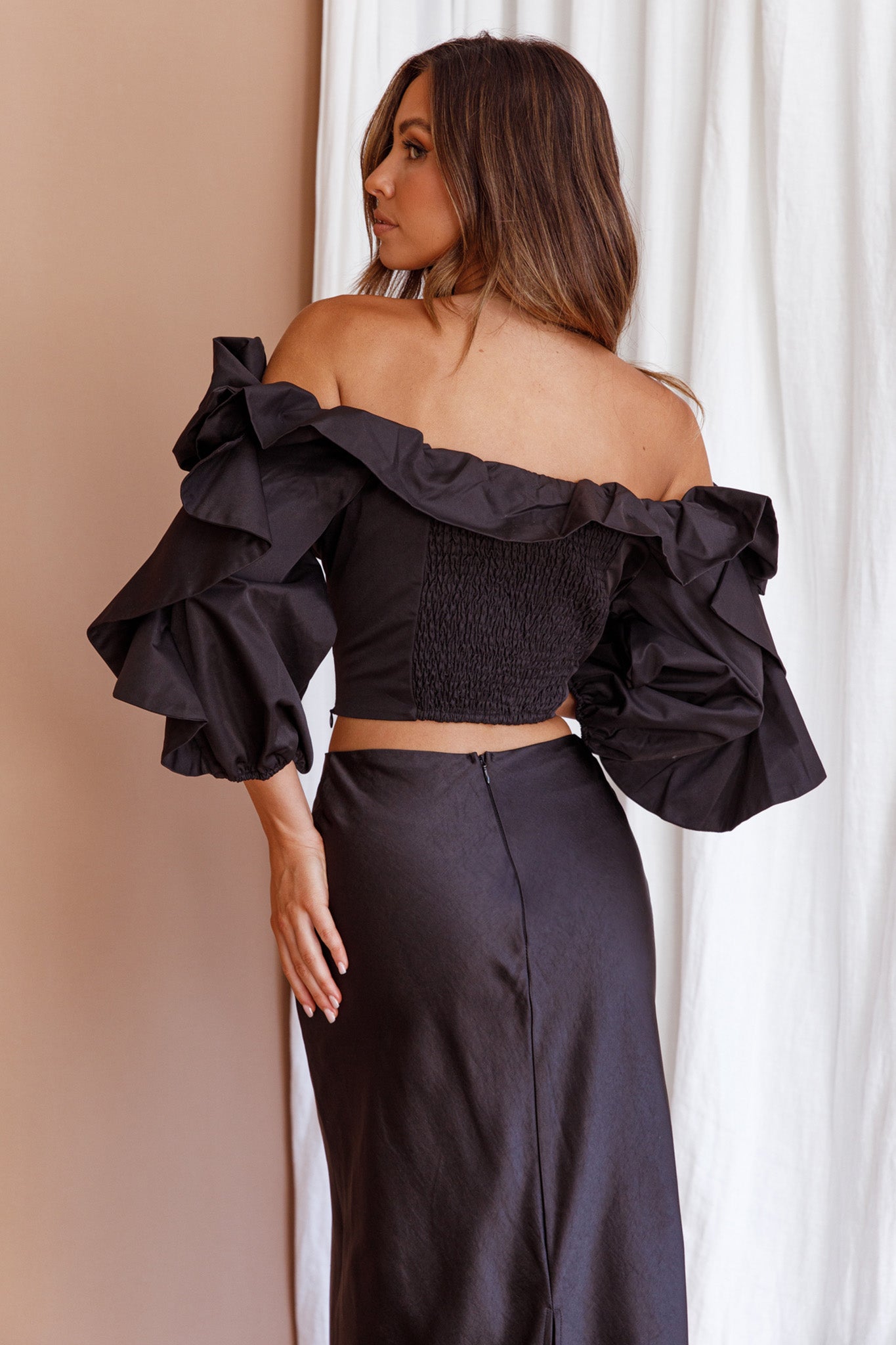 Midnight Mirage Puff Ruffle Crop Top Black by Selfie Leslie