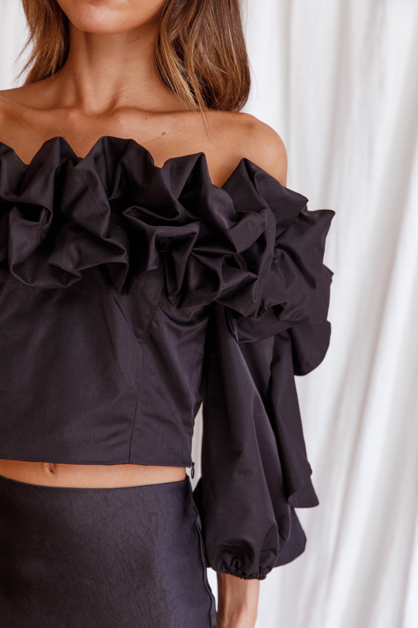 Midnight Mirage Puff Ruffle Crop Top Black by Selfie Leslie