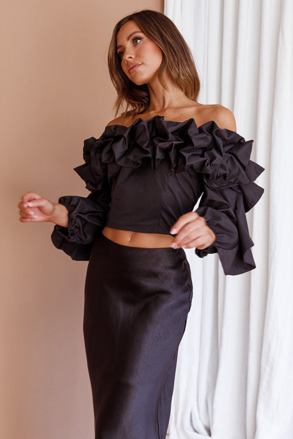 Midnight Mirage Puff Ruffle Crop Top Black by Selfie Leslie