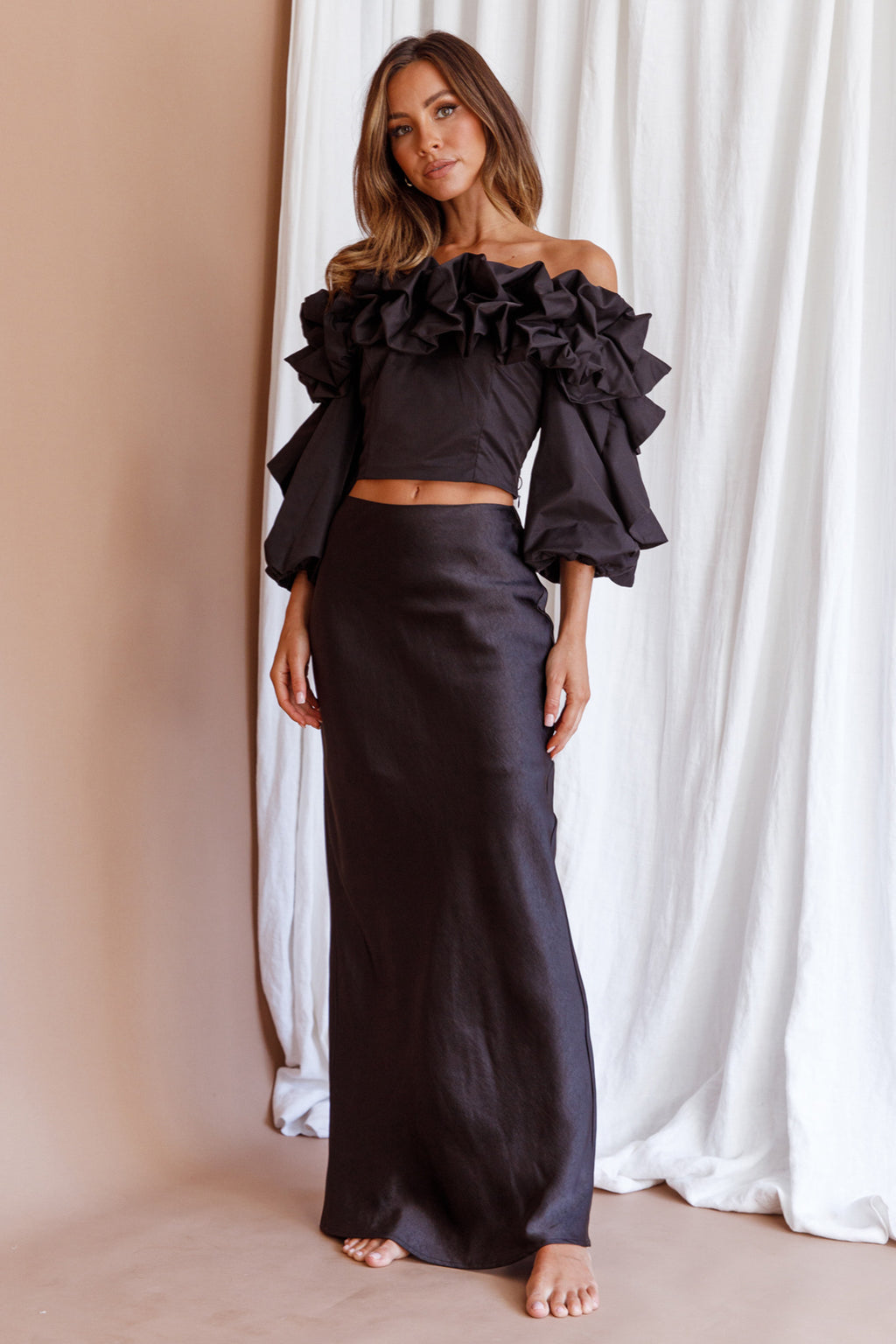 Midnight Mirage Puff Ruffle Crop Top Black by Selfie Leslie