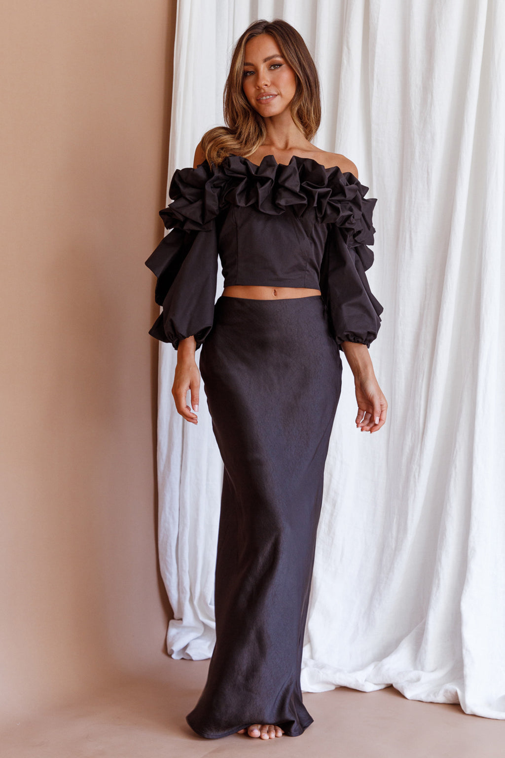 Midnight Mirage Puff Ruffle Crop Top Black by Selfie Leslie
